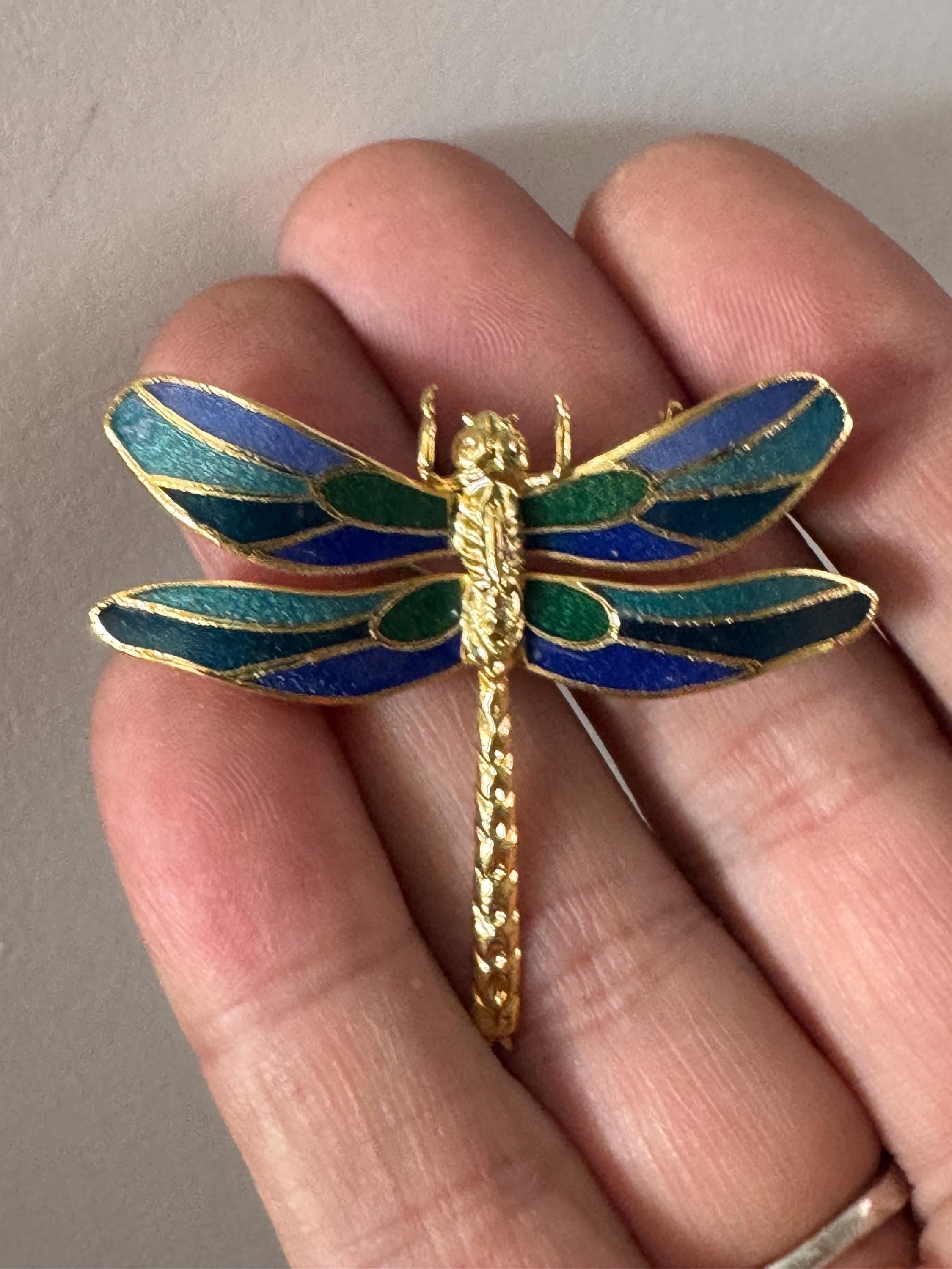 1980s Cloisonné Enamel Dragonfly Brooch: Navy, Green & Gold, Unused
