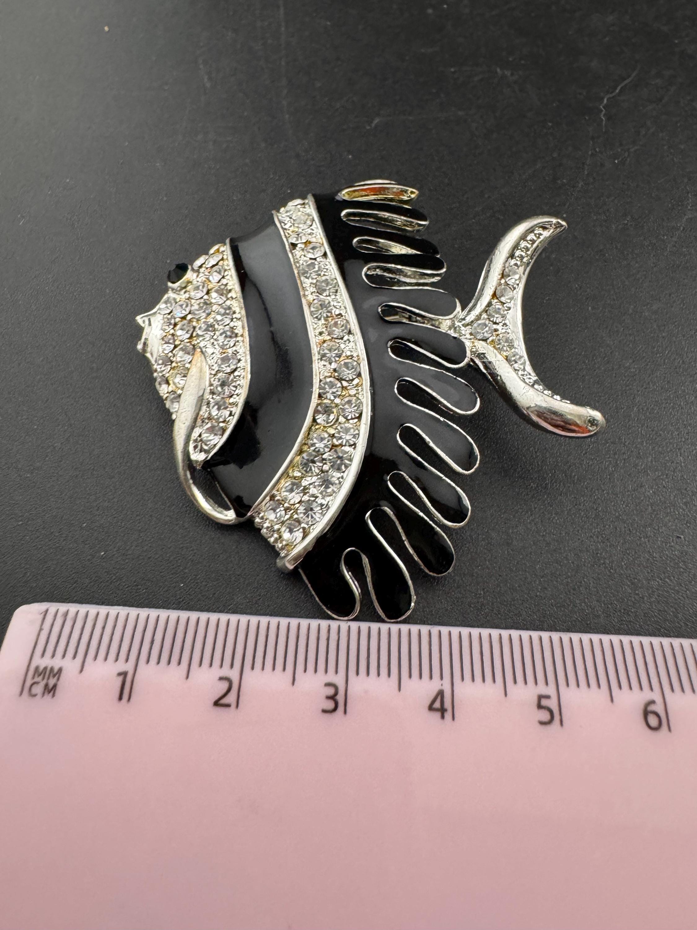 Vintage Silver tone clear diamanté black enamel fish Brooch, unused 1970s old shop stock
