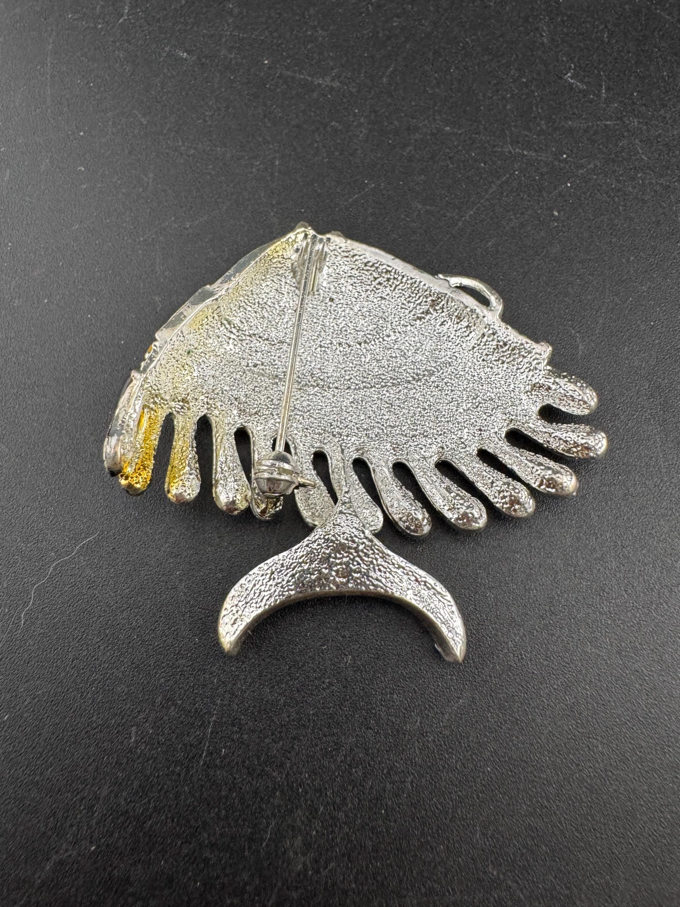 Vintage Silver tone clear diamanté black enamel fish Brooch, unused 1970s old shop stock
