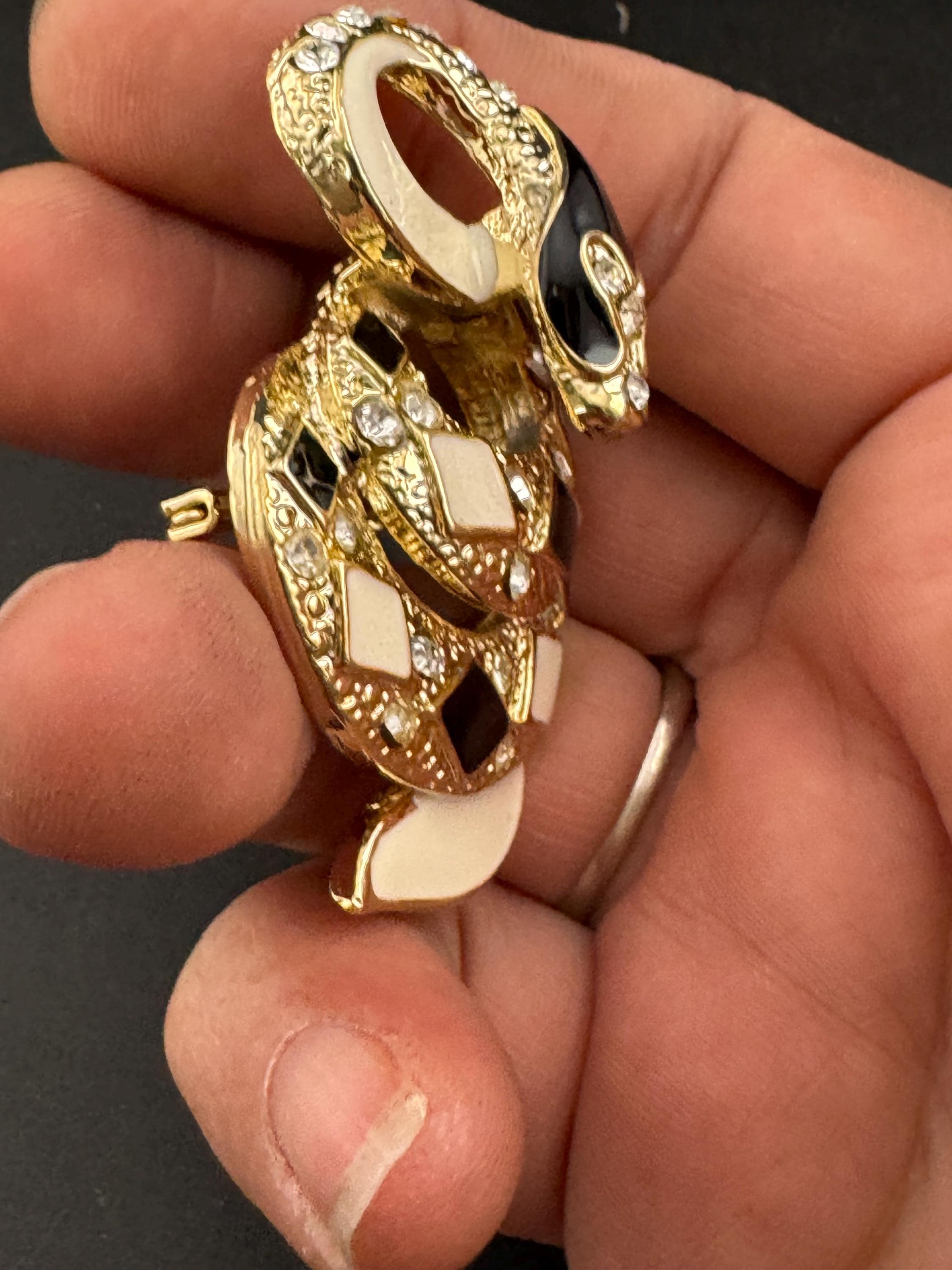 Vintage Rhinestone Snake Brooch: Gold Tone black enamel