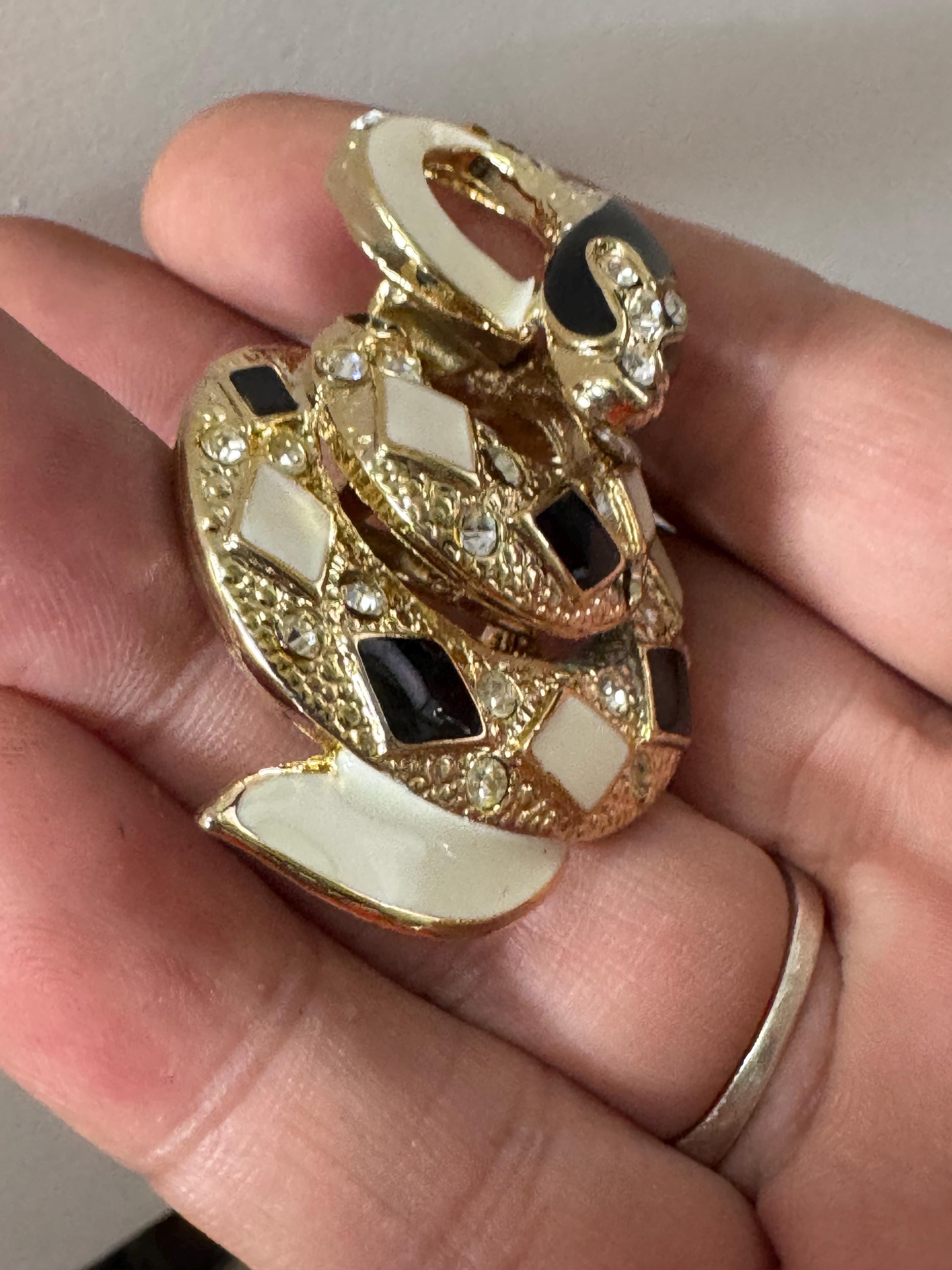 Vintage Rhinestone Snake Brooch: Gold Tone black enamel