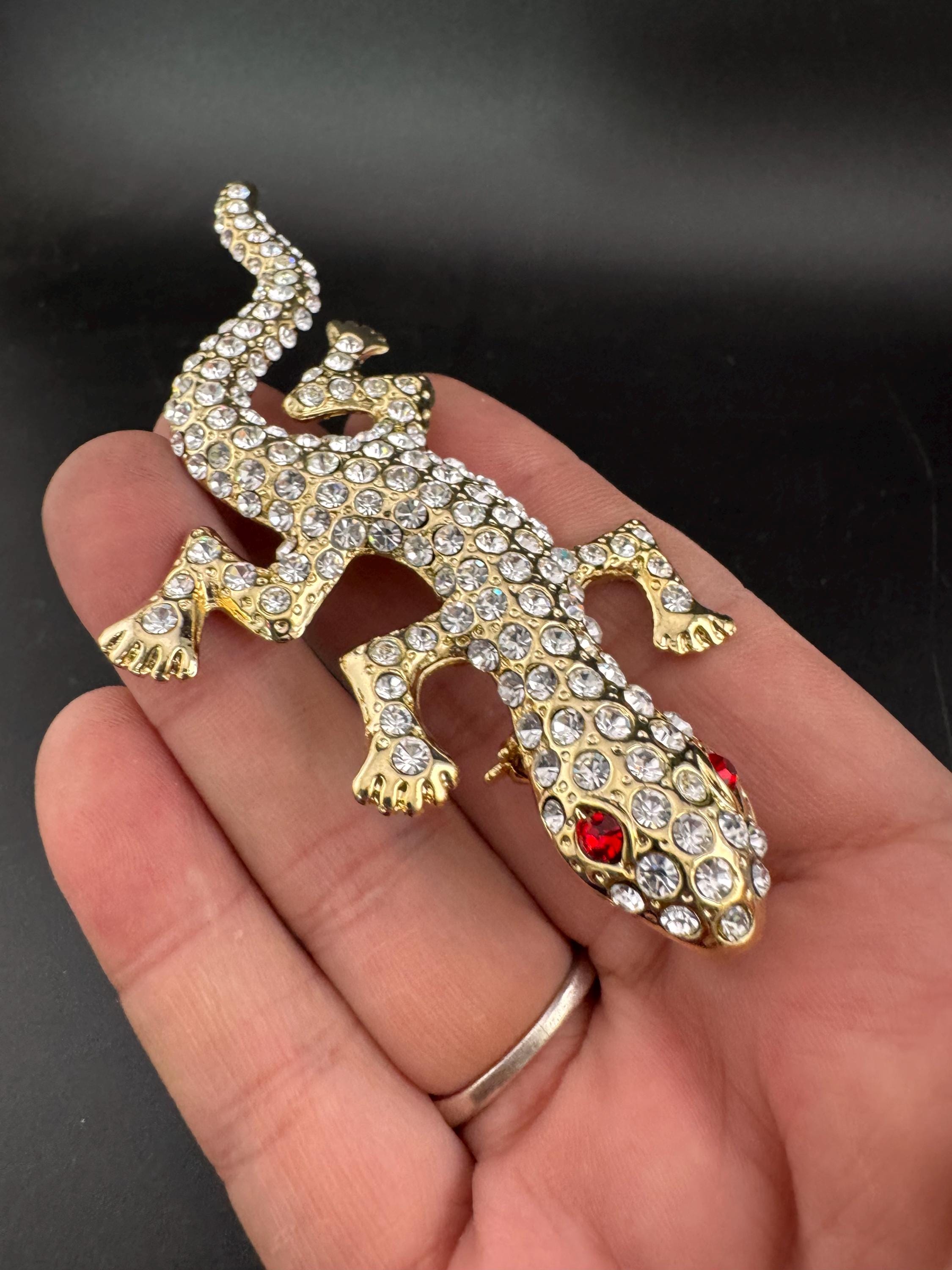 Vintage 1980s Crystal Lizard Brooch: Gold Tone Diamanté Ruby Eyes