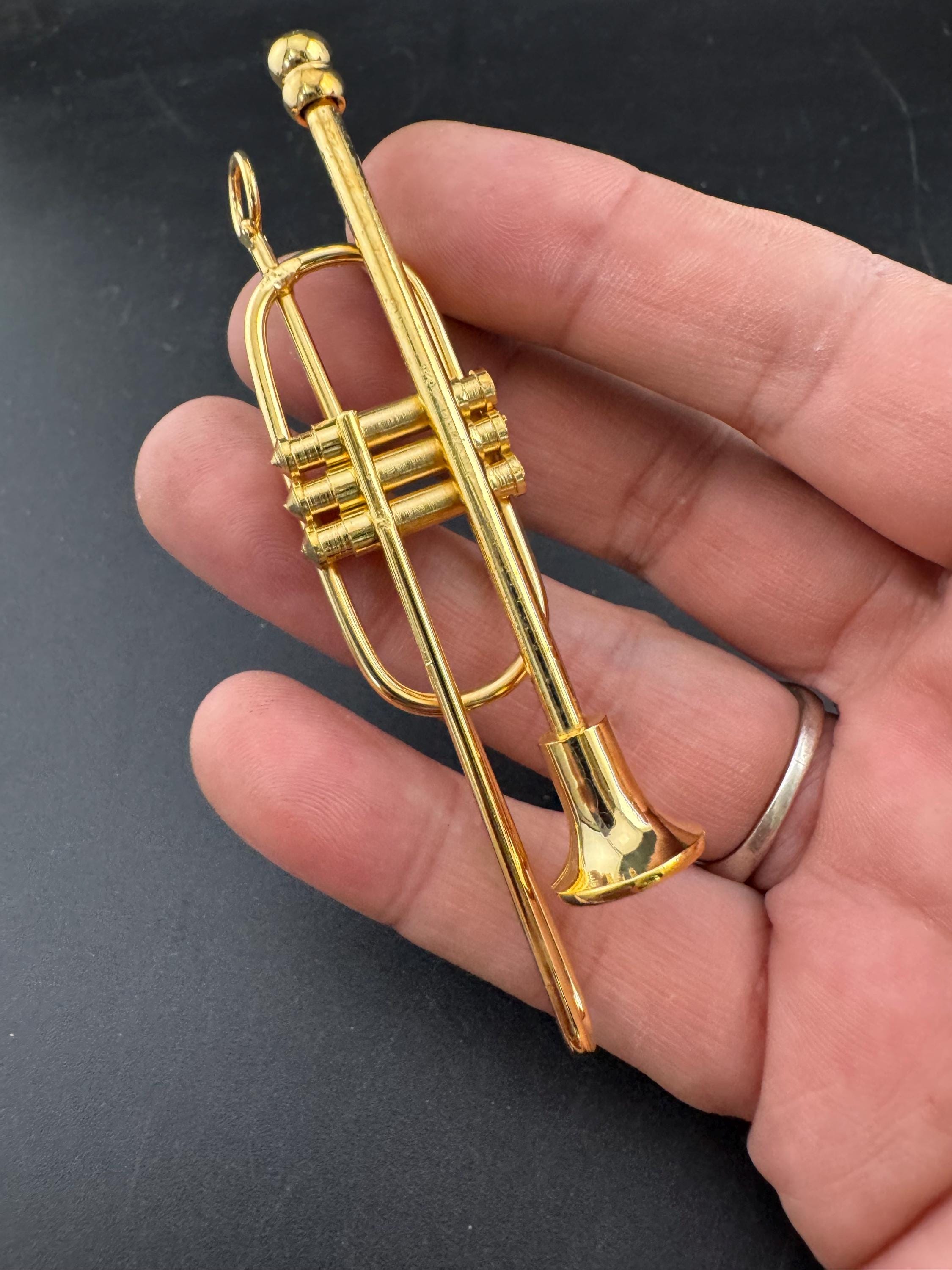 Vintage Gold Tone Trombone Brooch: 1980s Novelty Jewelry