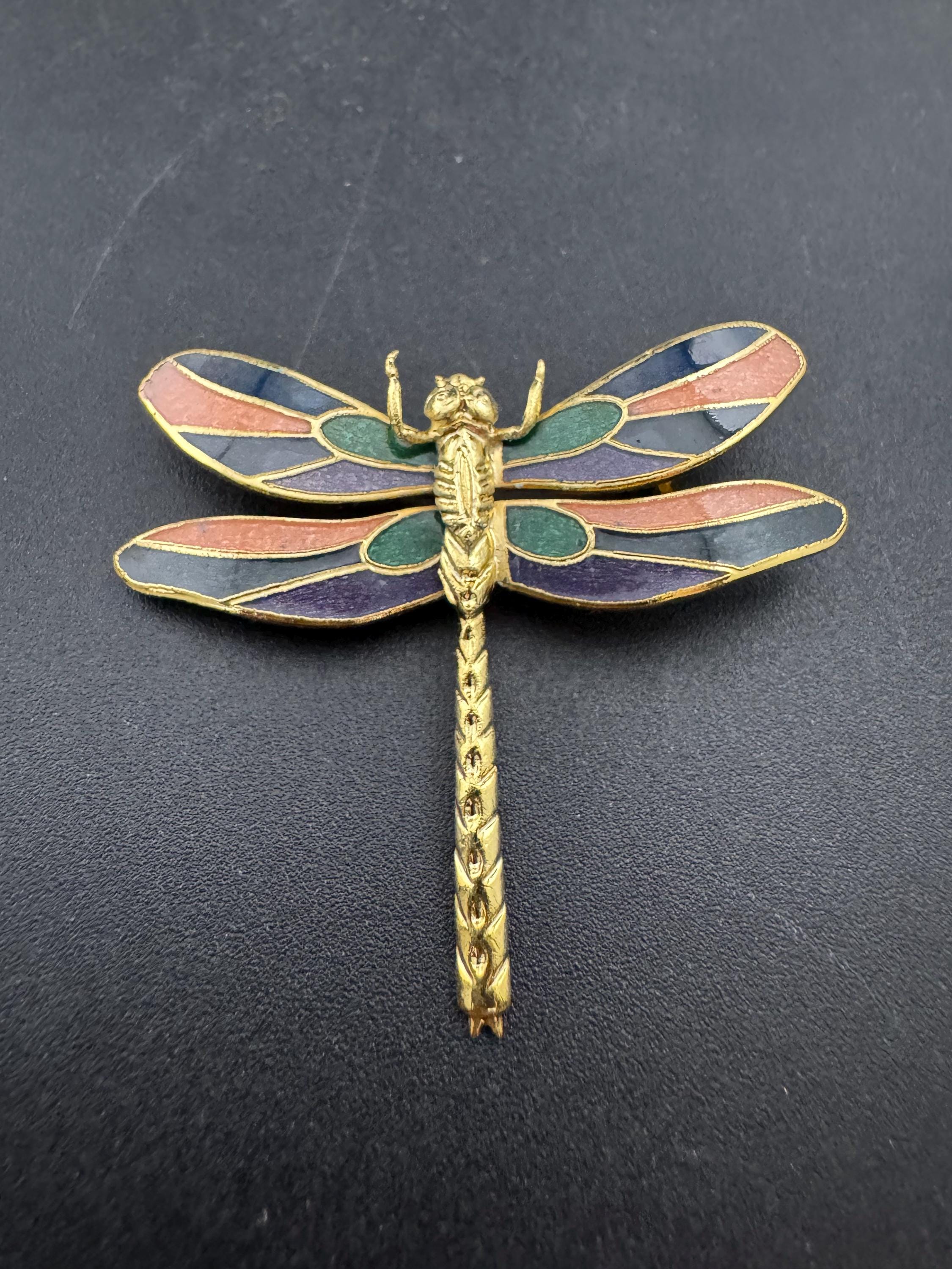 1980s Cloisonné Enamel Dragonfly Brooch: Purple, Green & Pink - Unused Shop Stock