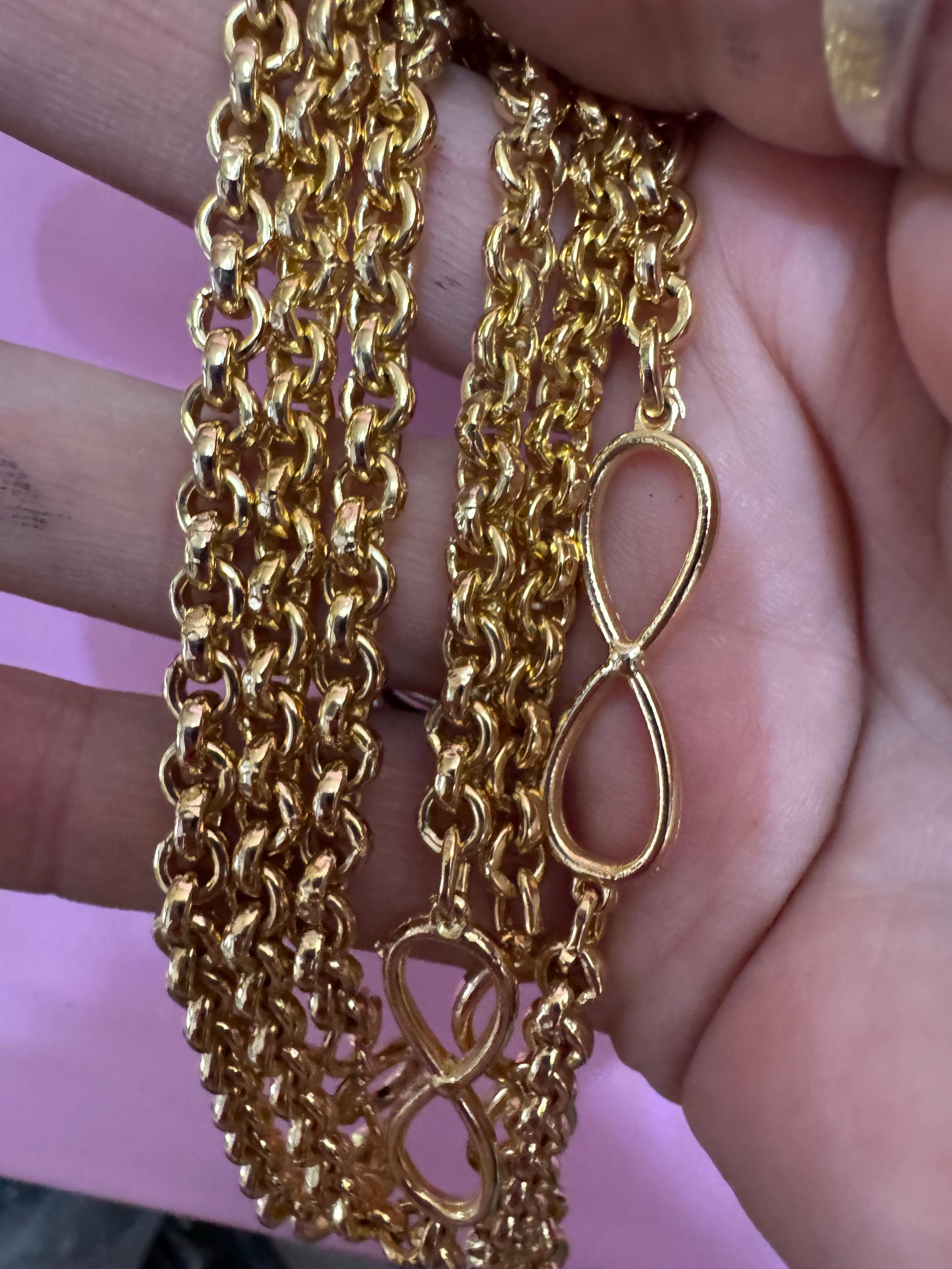 95cm long 1980s thick gold plated fancy rolo belcher link station necklace for layering