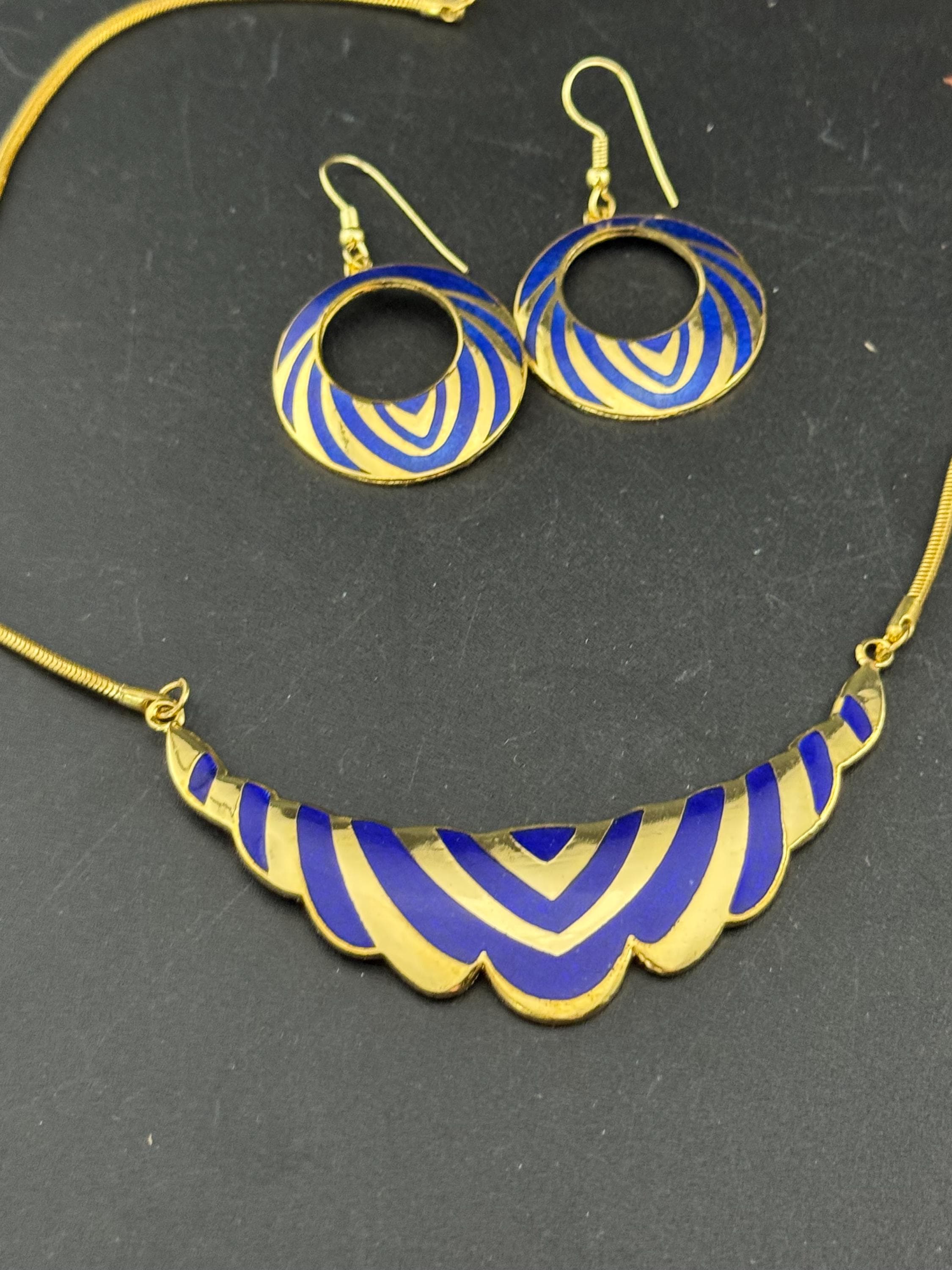 vintage 1980s bright blue and gold enamel collar necklace and matching disc earrings, unused retro jewelry set