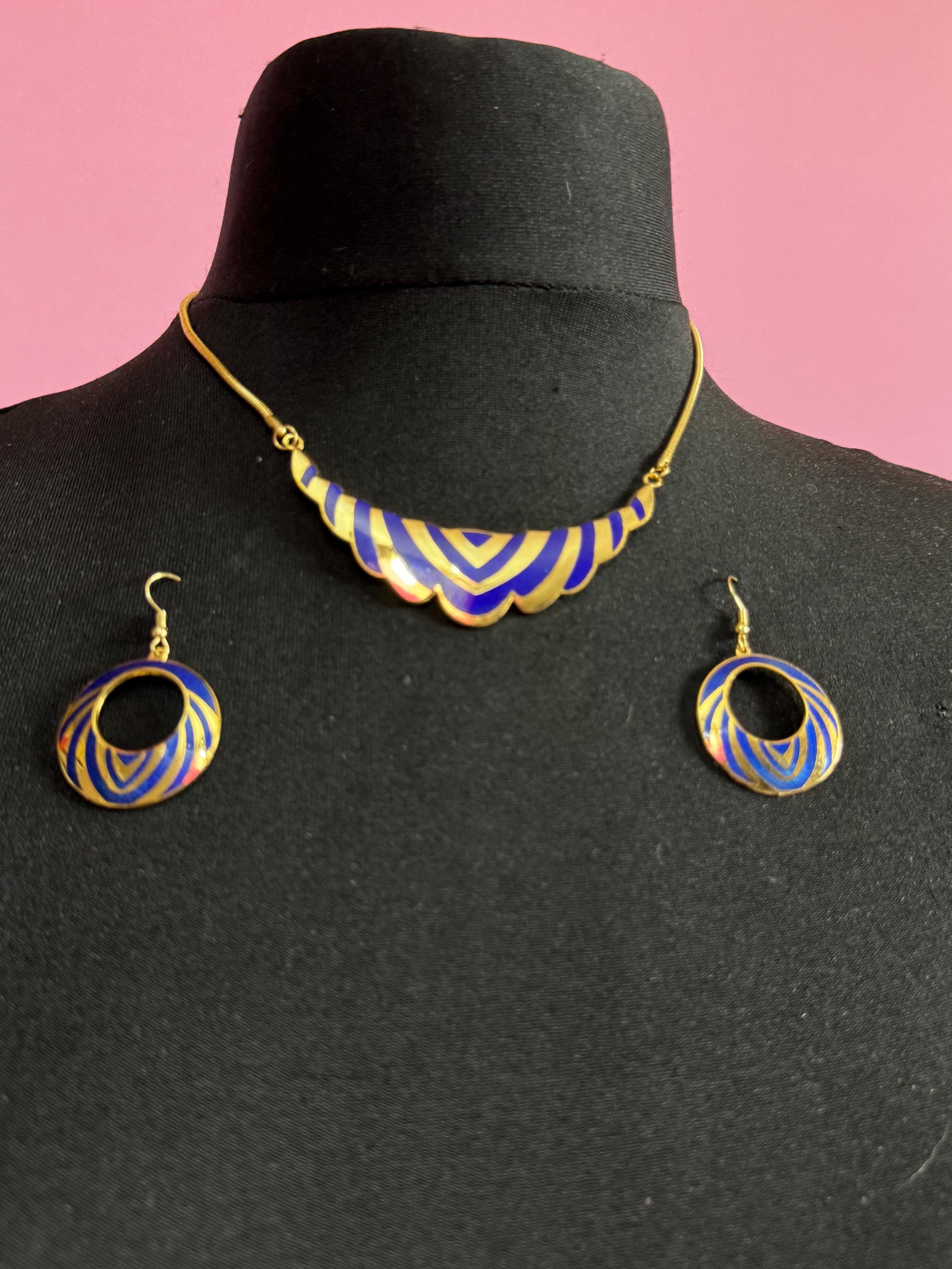 vintage 1980s bright blue and gold enamel collar necklace and matching disc earrings, unused retro jewelry set