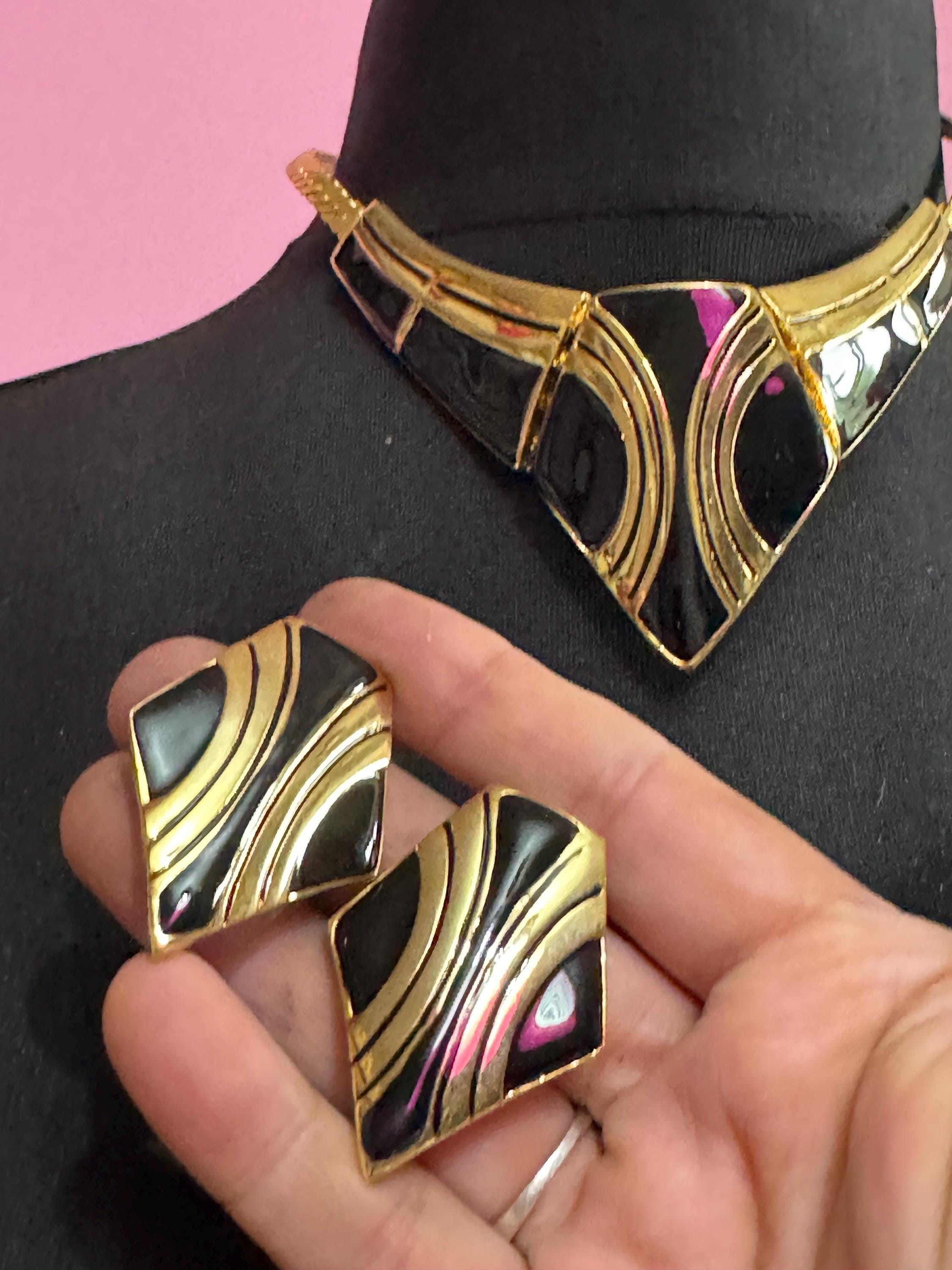 Vintage Black & Gold Enamel Necklace Earring Set: 1980s Retro Jewelry