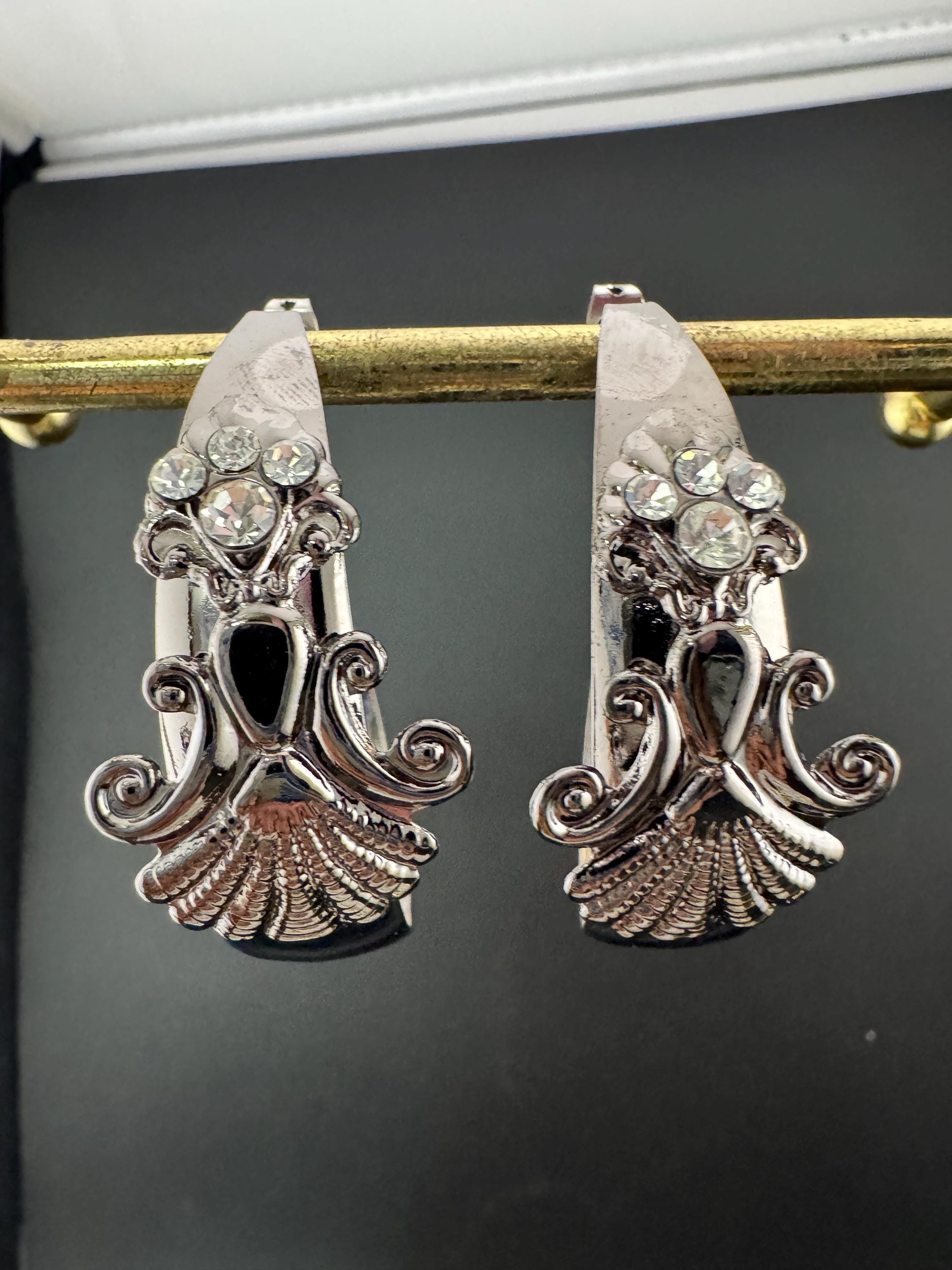 oversized vintage 80s dark steel grey 5cm large gold hoop earrings with clear diamanté and seashell design,  nautical mermaid vibes!