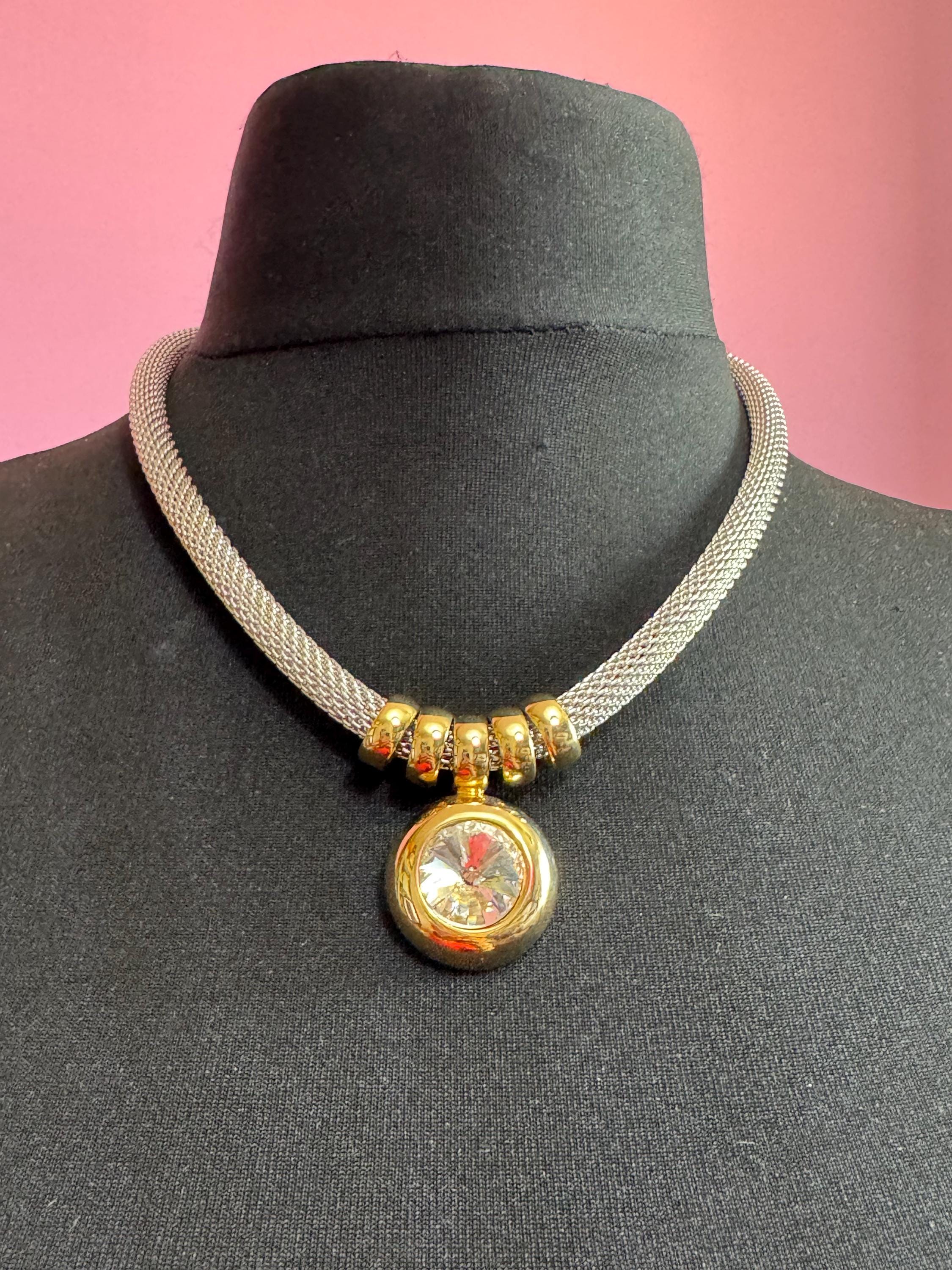 Signed LR lady Remington retro silver and gold tone mesh chunky clear Rivoli crystal pendant necklace