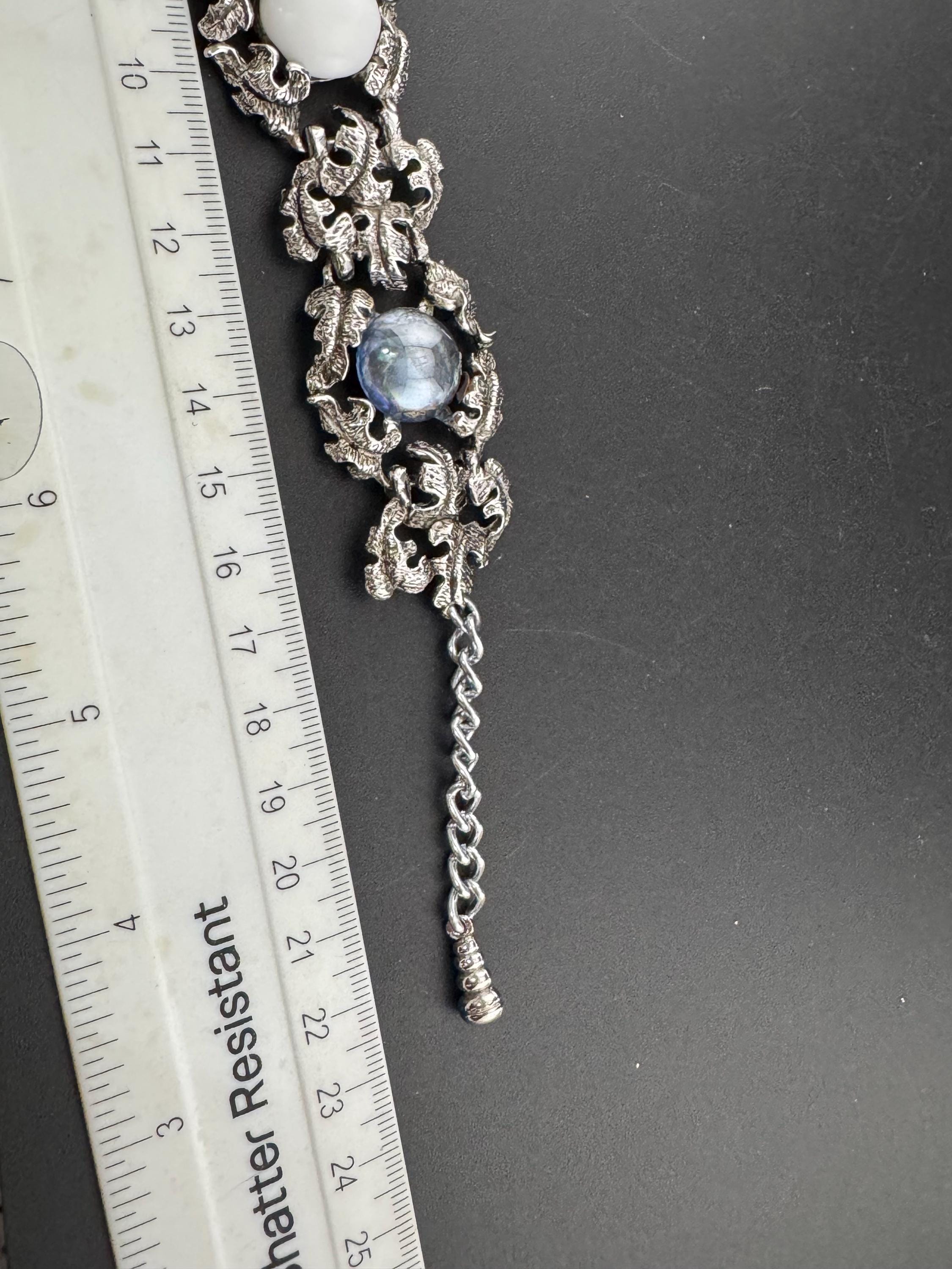 Signed Hollywood Vintage Brutalist silver tone textured blue and white cabochon chain link bracelet