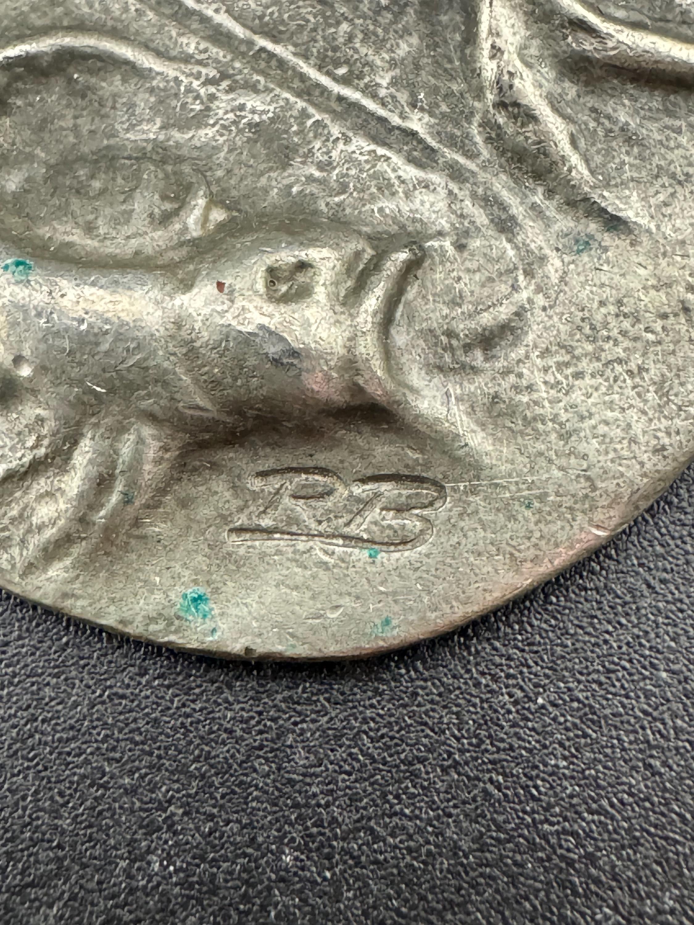 Signed RB Michael Ricker Vintage Modernist pewter double fish Pisces pendant on a 60cm chain