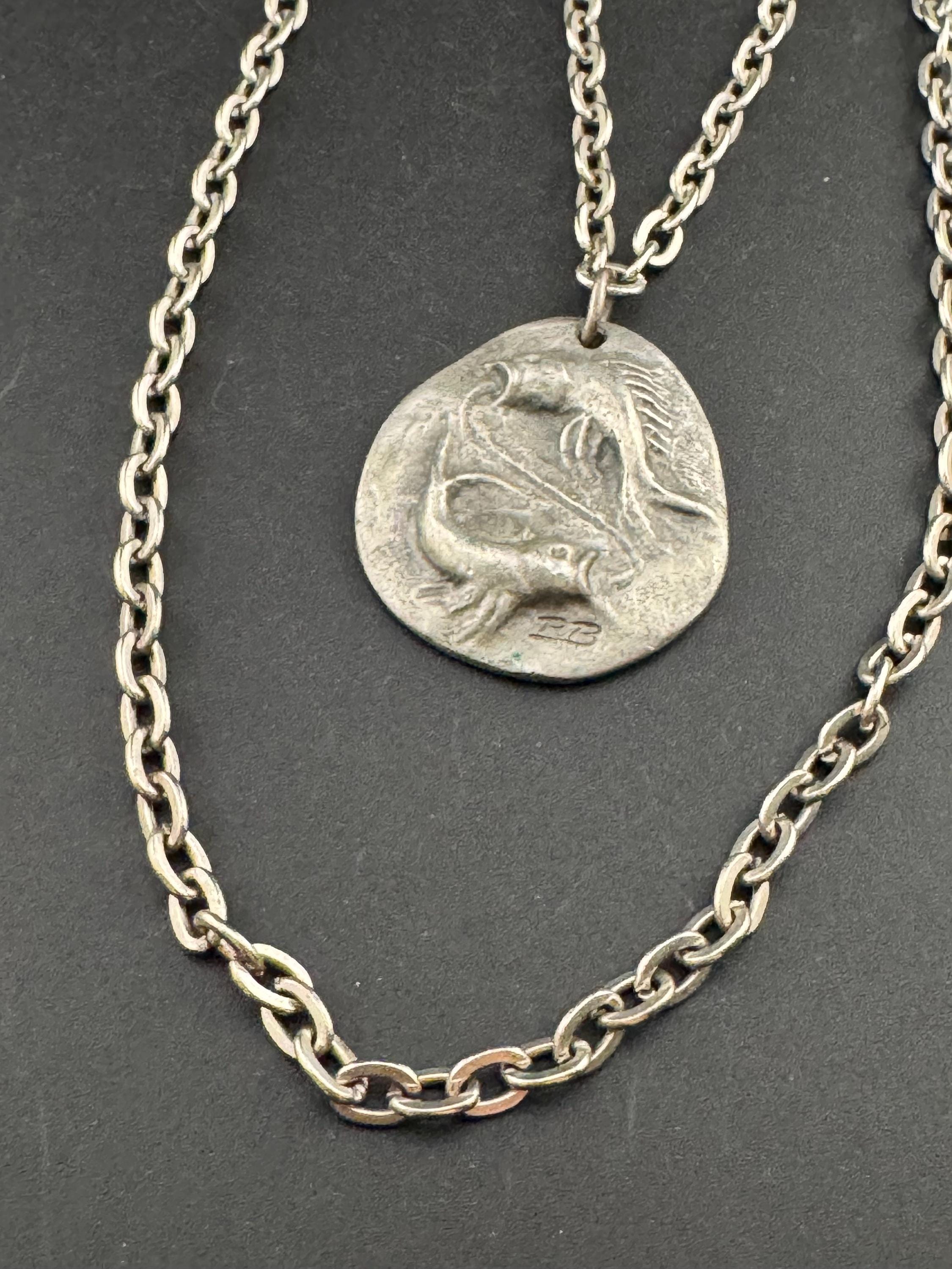 Signed RB Michael Ricker Vintage Modernist pewter double fish Pisces pendant on a 60cm chain