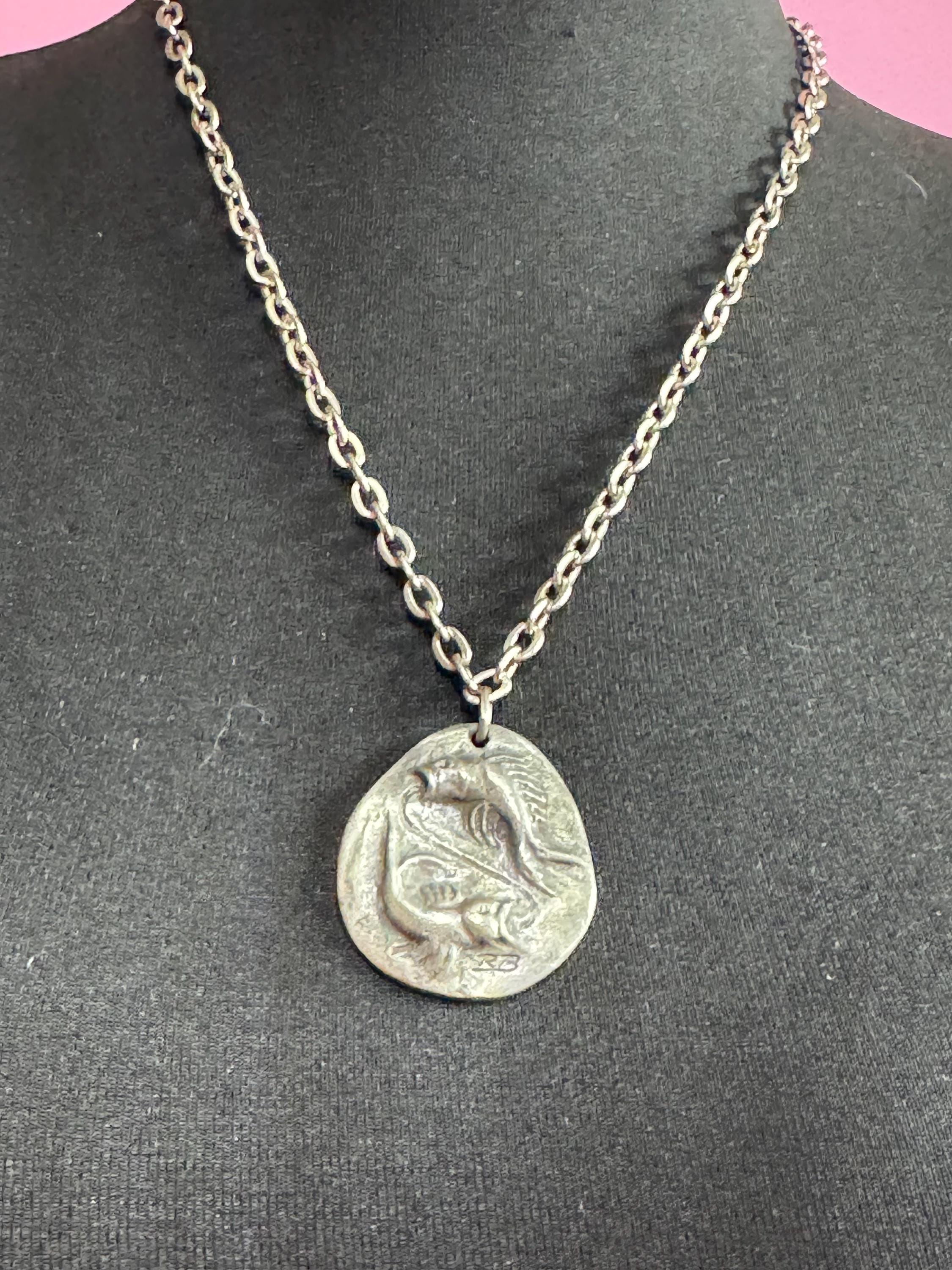 Signed RB Michael Ricker Vintage Modernist pewter double fish Pisces pendant on a 60cm chain