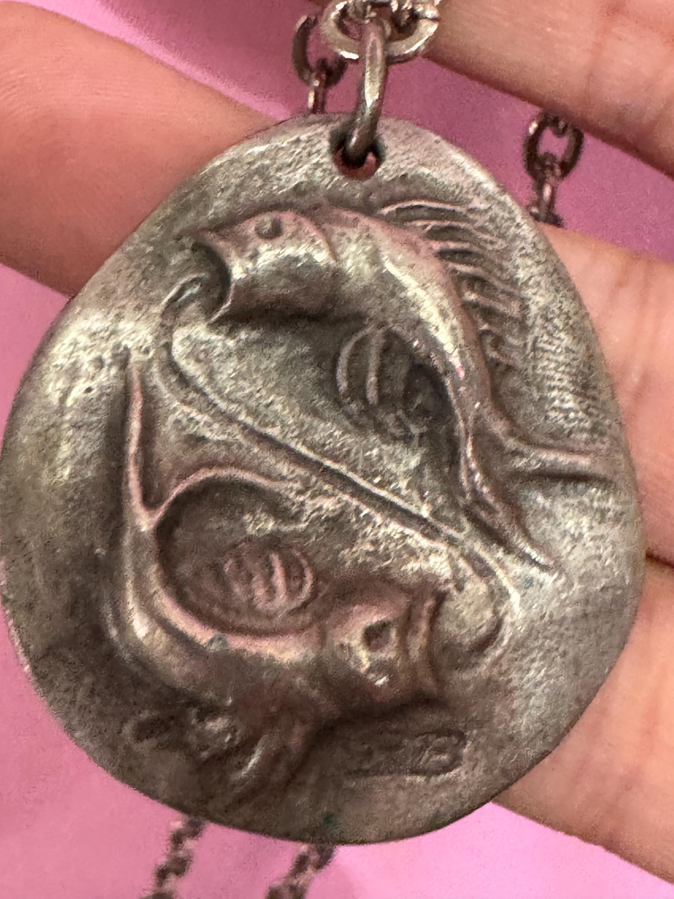 Signed RB Michael Ricker Vintage Modernist pewter double fish Pisces pendant on a 60cm chain