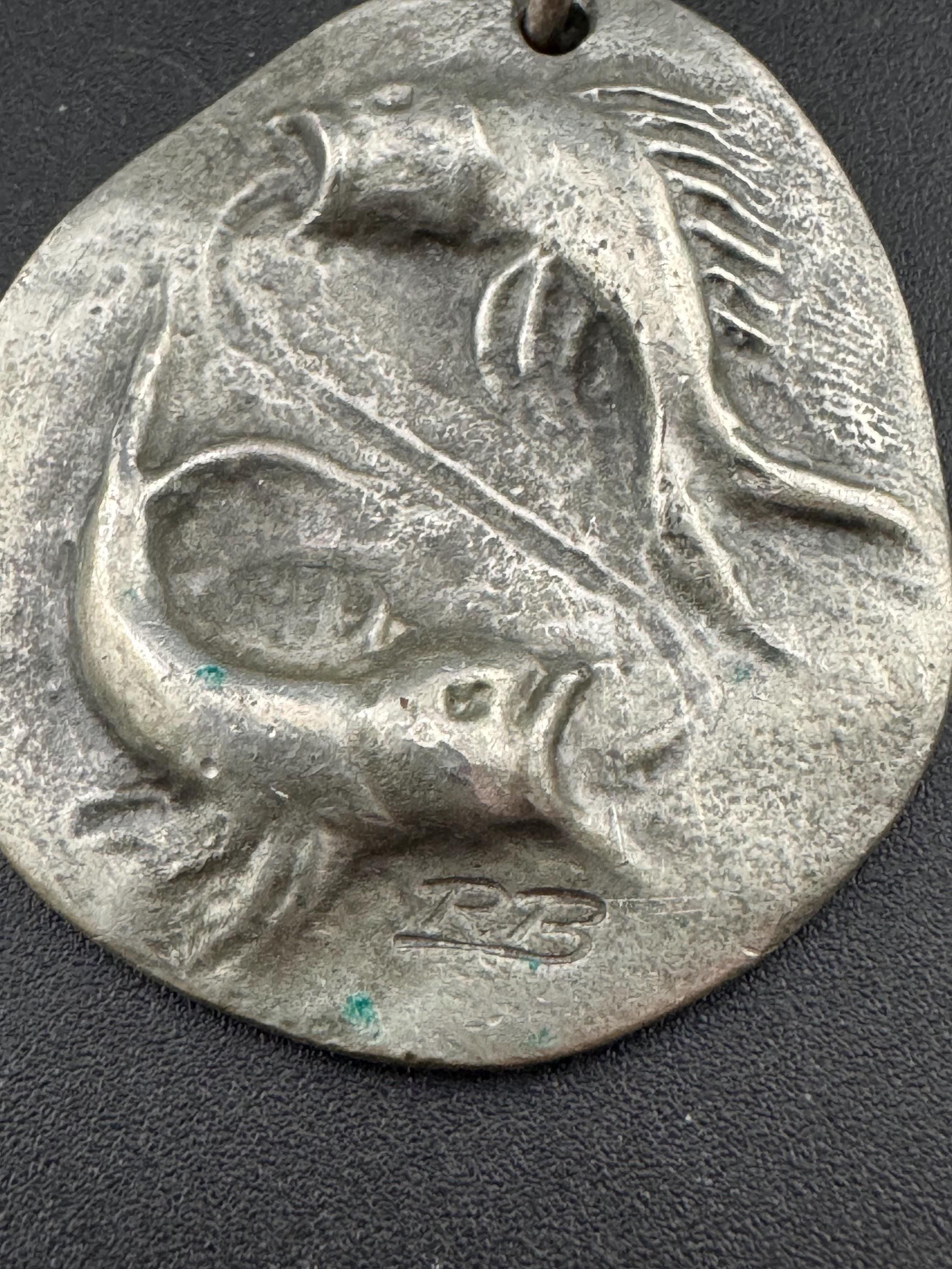 Signed RB Michael Ricker Vintage Modernist pewter double fish Pisces pendant on a 60cm chain