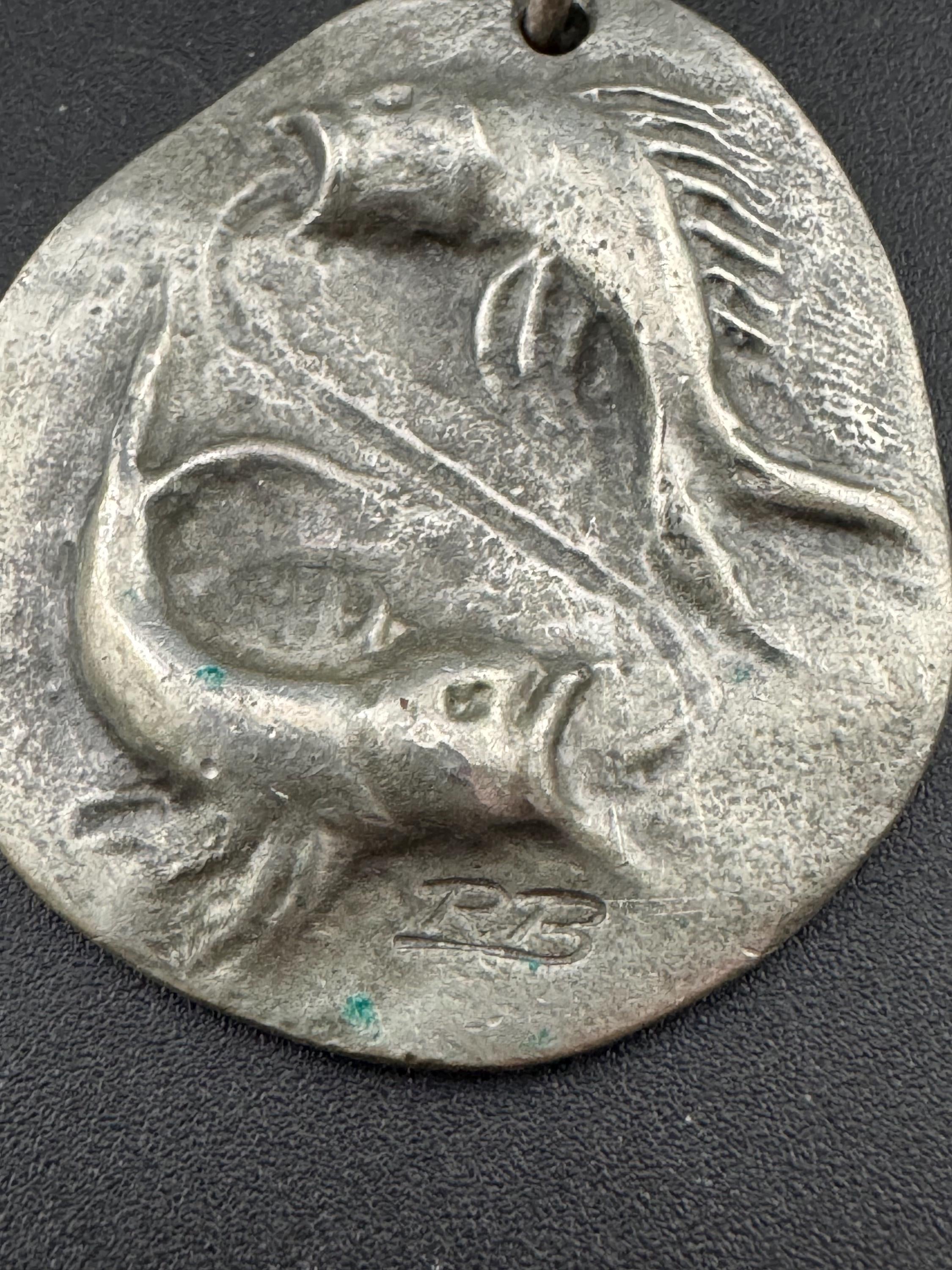 Signed RB Michael Ricker Vintage Modernist pewter double fish Pisces pendant on a 60cm chain