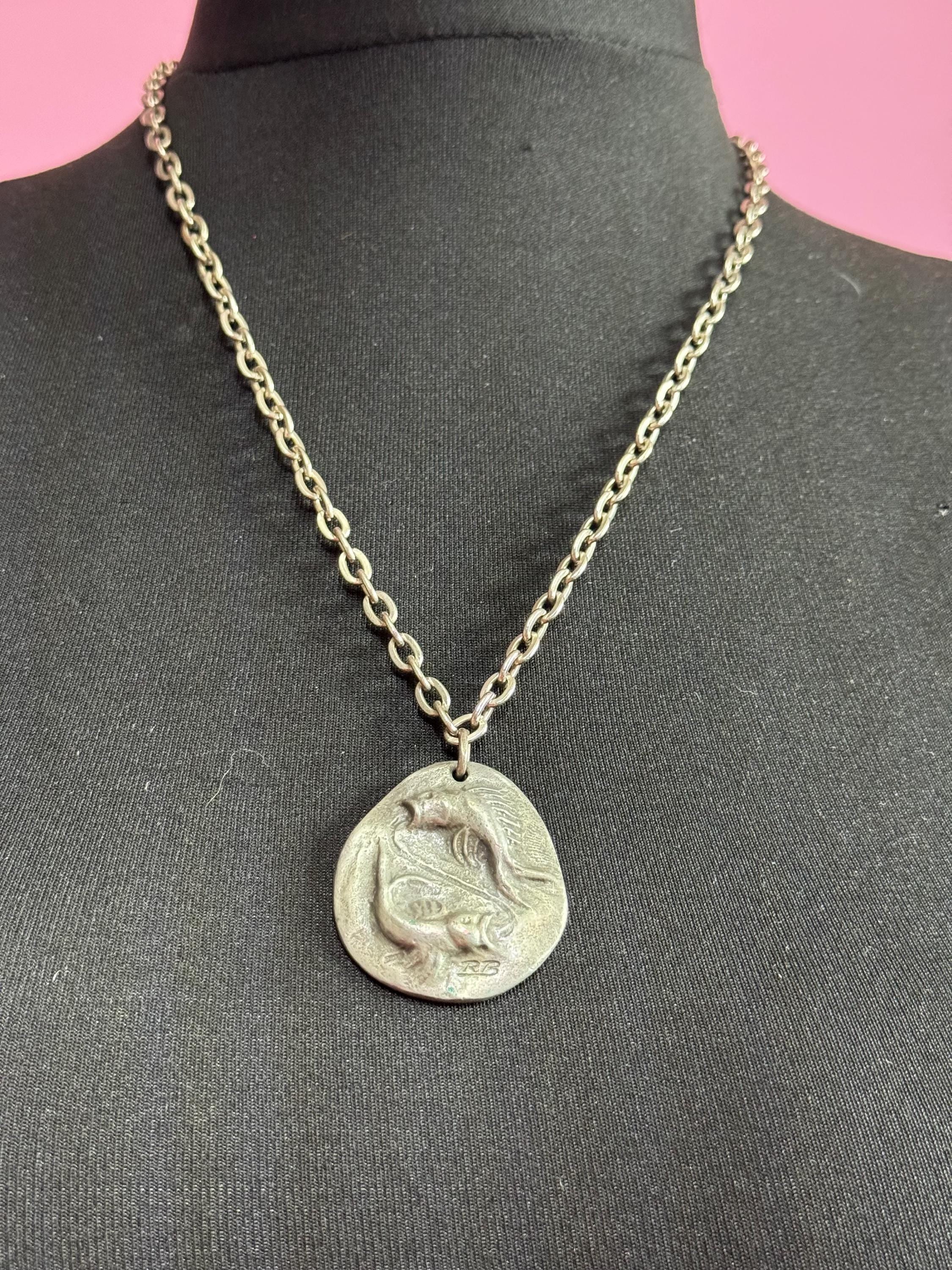 Signed RB Michael Ricker Vintage Modernist pewter double fish Pisces pendant on a 60cm chain