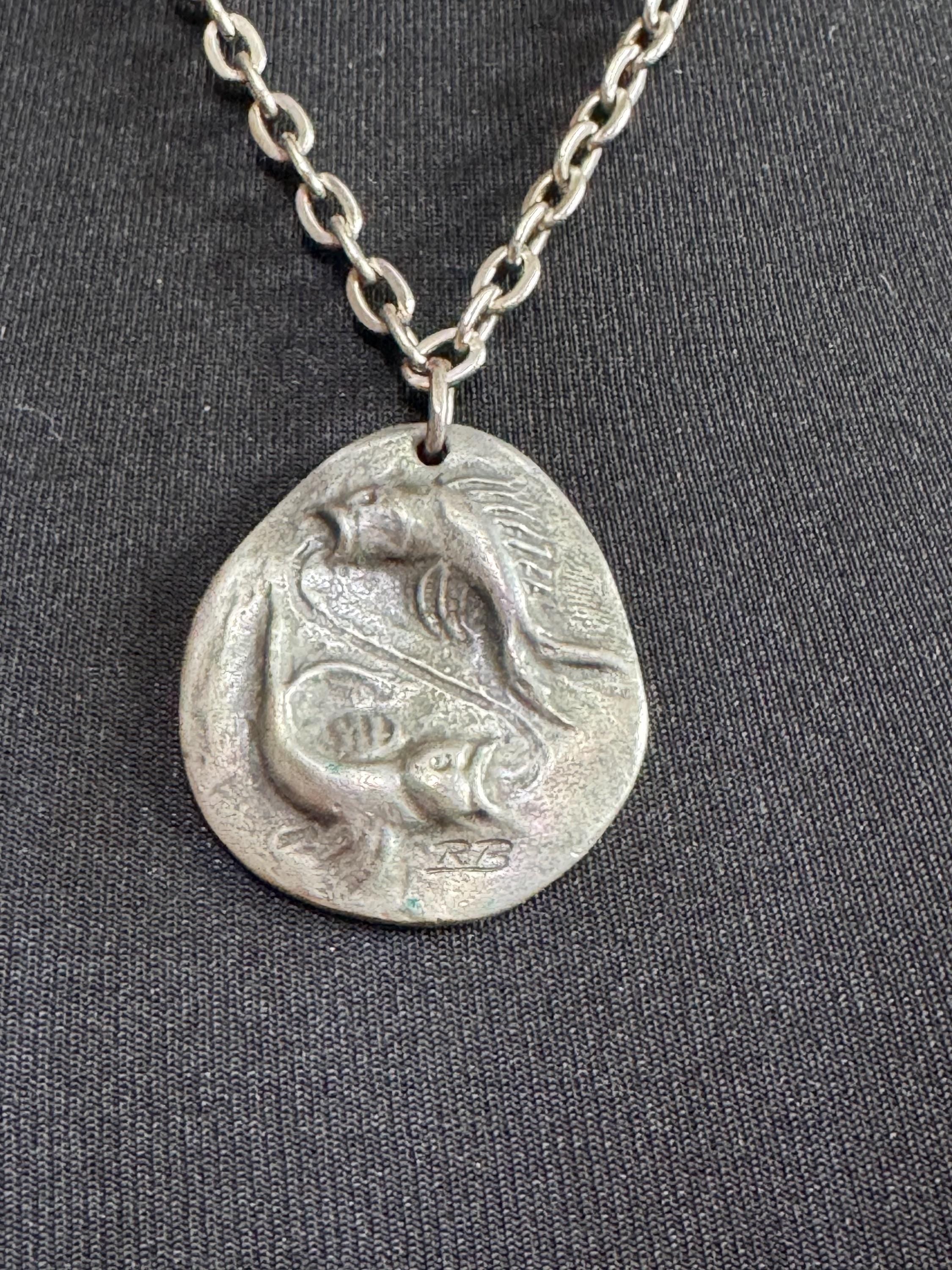 Signed RB Michael Ricker Vintage Modernist pewter double fish Pisces pendant on a 60cm chain