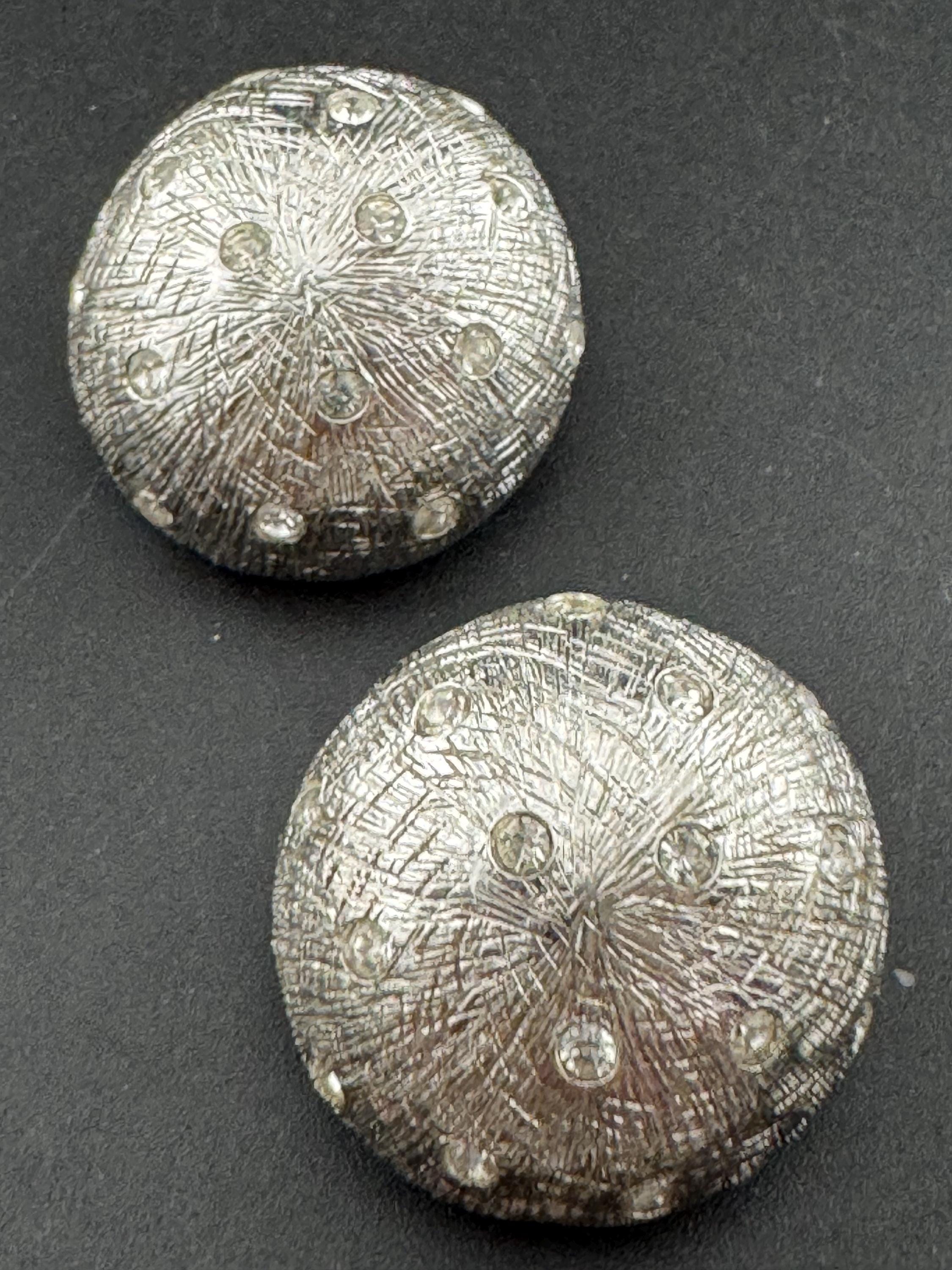 Vintage silver tone clear diamanté paste textured metal stud domed clip on earrings, high end