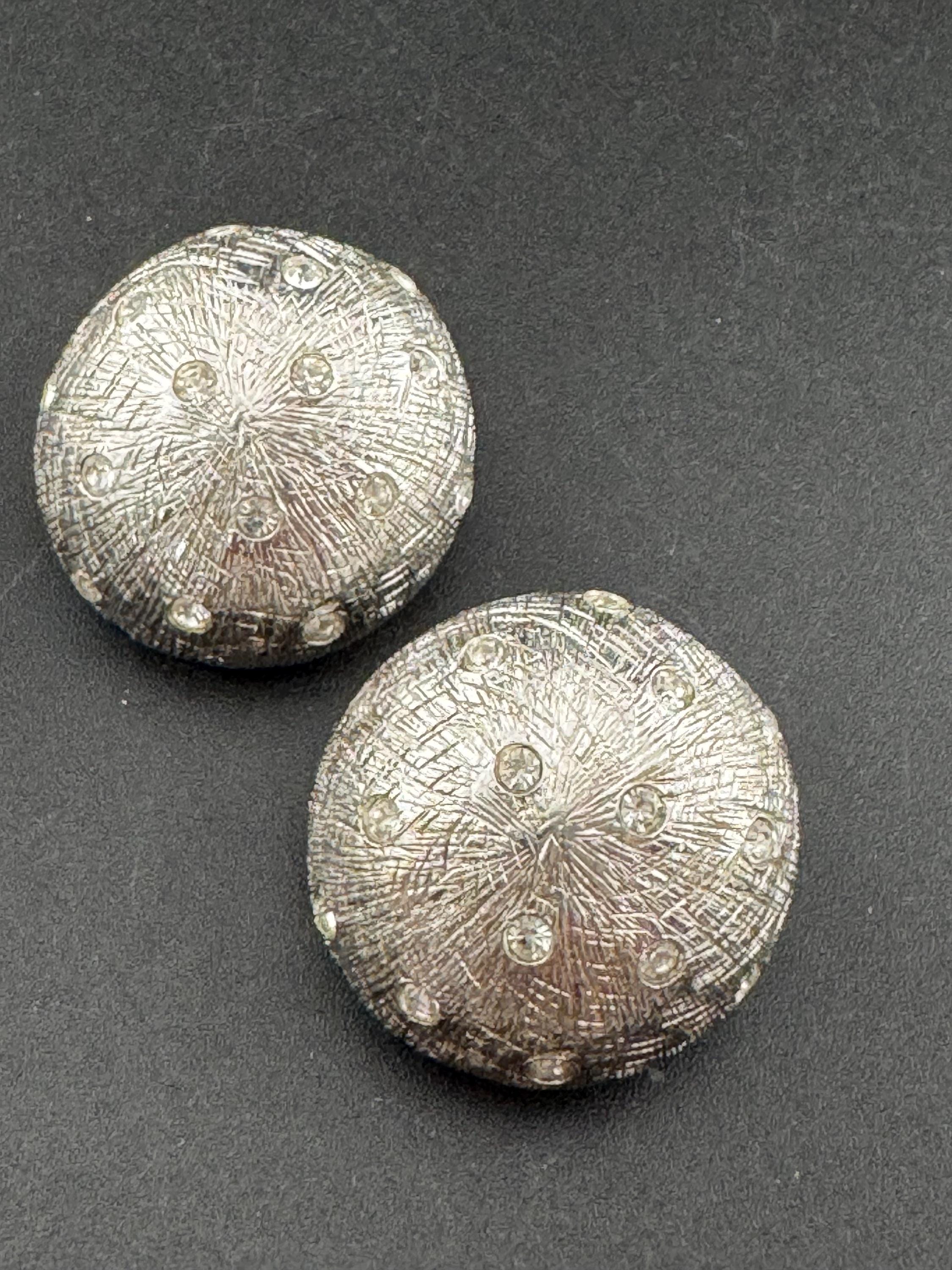 Vintage silver tone clear diamanté paste textured metal stud domed clip on earrings, high end