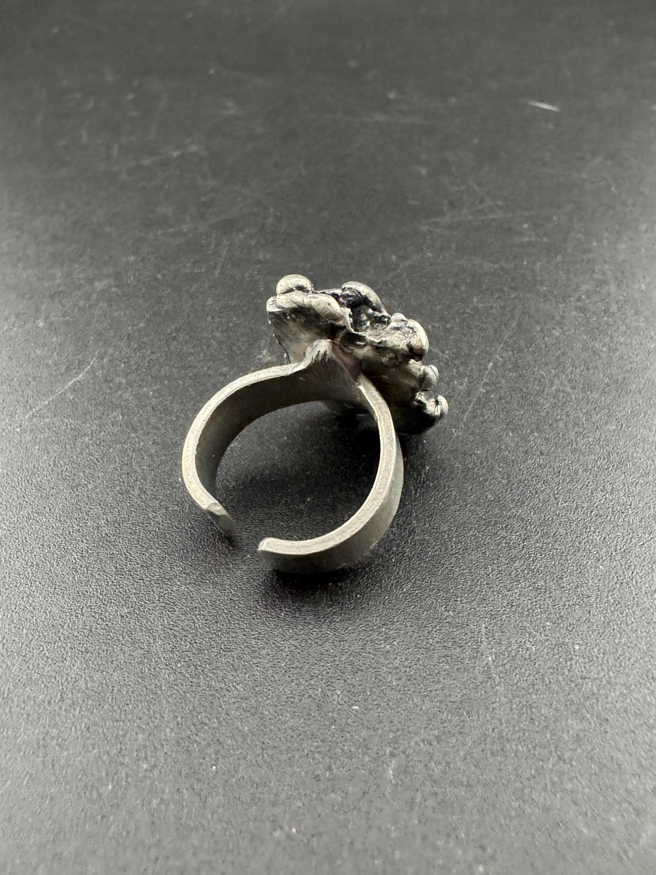 Brutalist textured steel adjustable ring 1970s 1980s modernist chunky silver tone metal ball ring