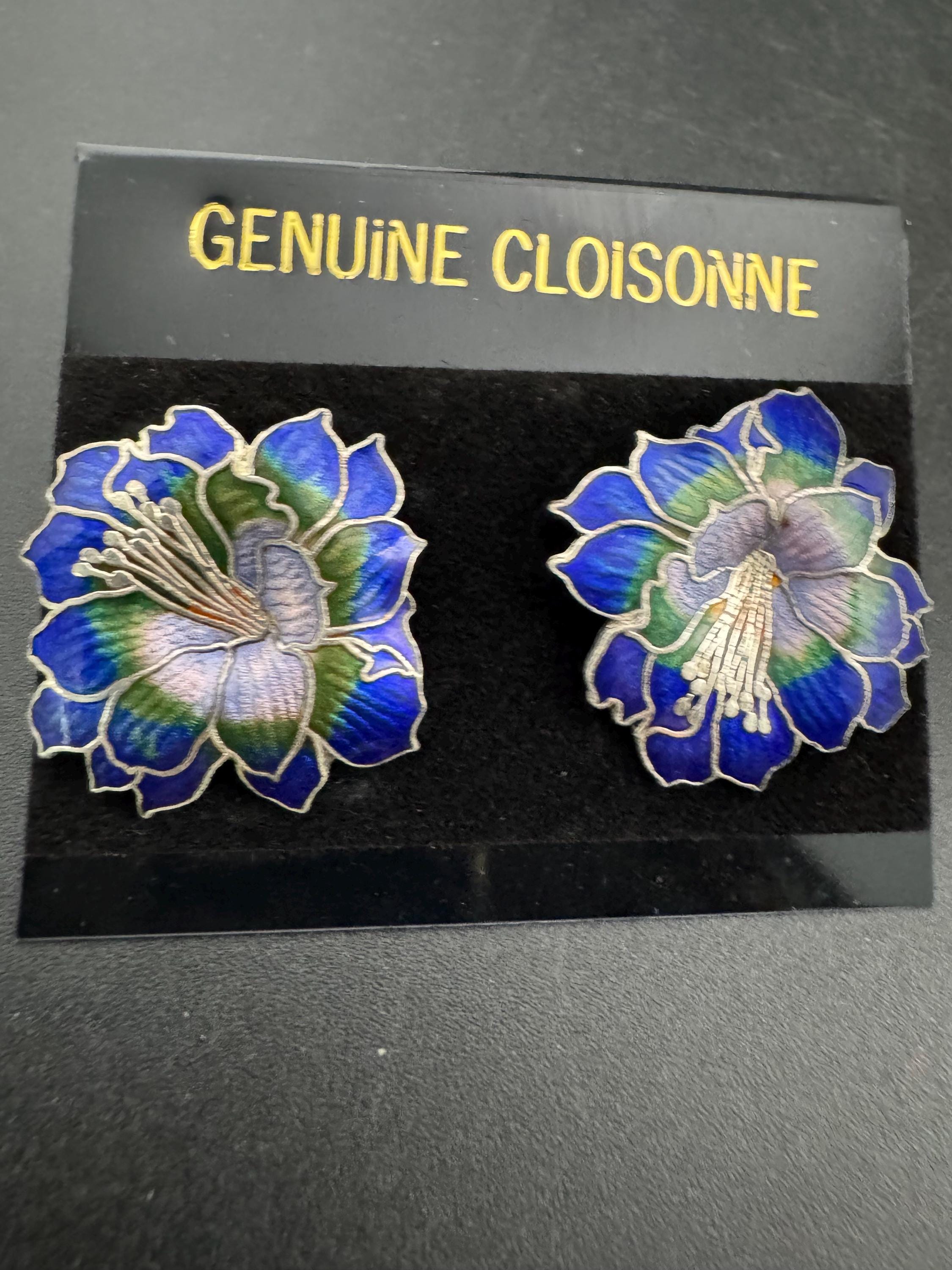 Vintage 3cm blue cloisonné enamel gold tone orchid flower pierced stud earrings, 1980s old unused shop stock
