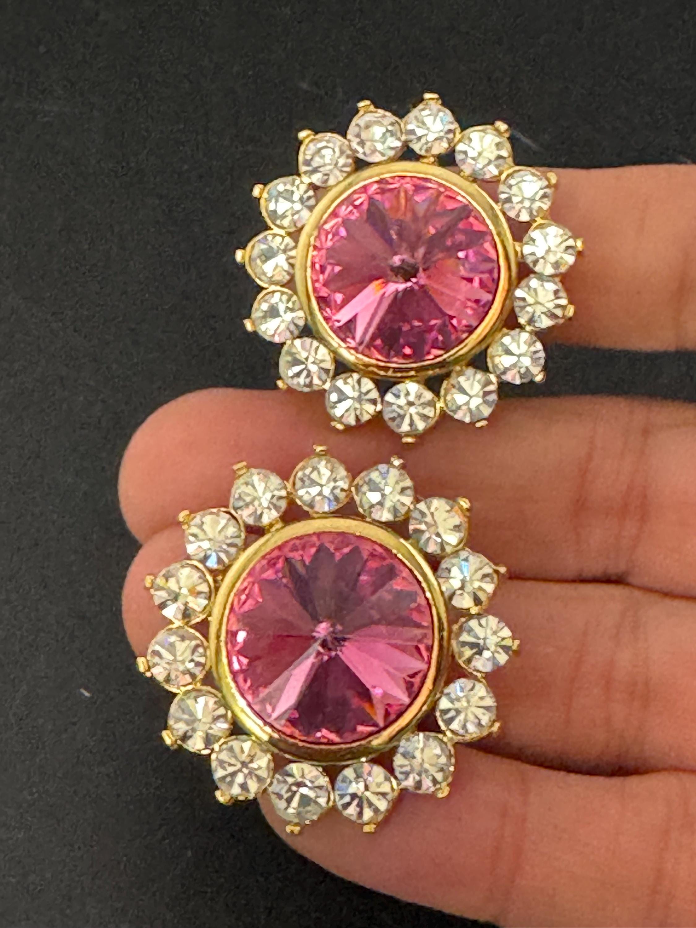 oversized 3.5cm gold tone pink glass Rivoli and clear Swarovski crystal round stud earrings 1980s old shop stock