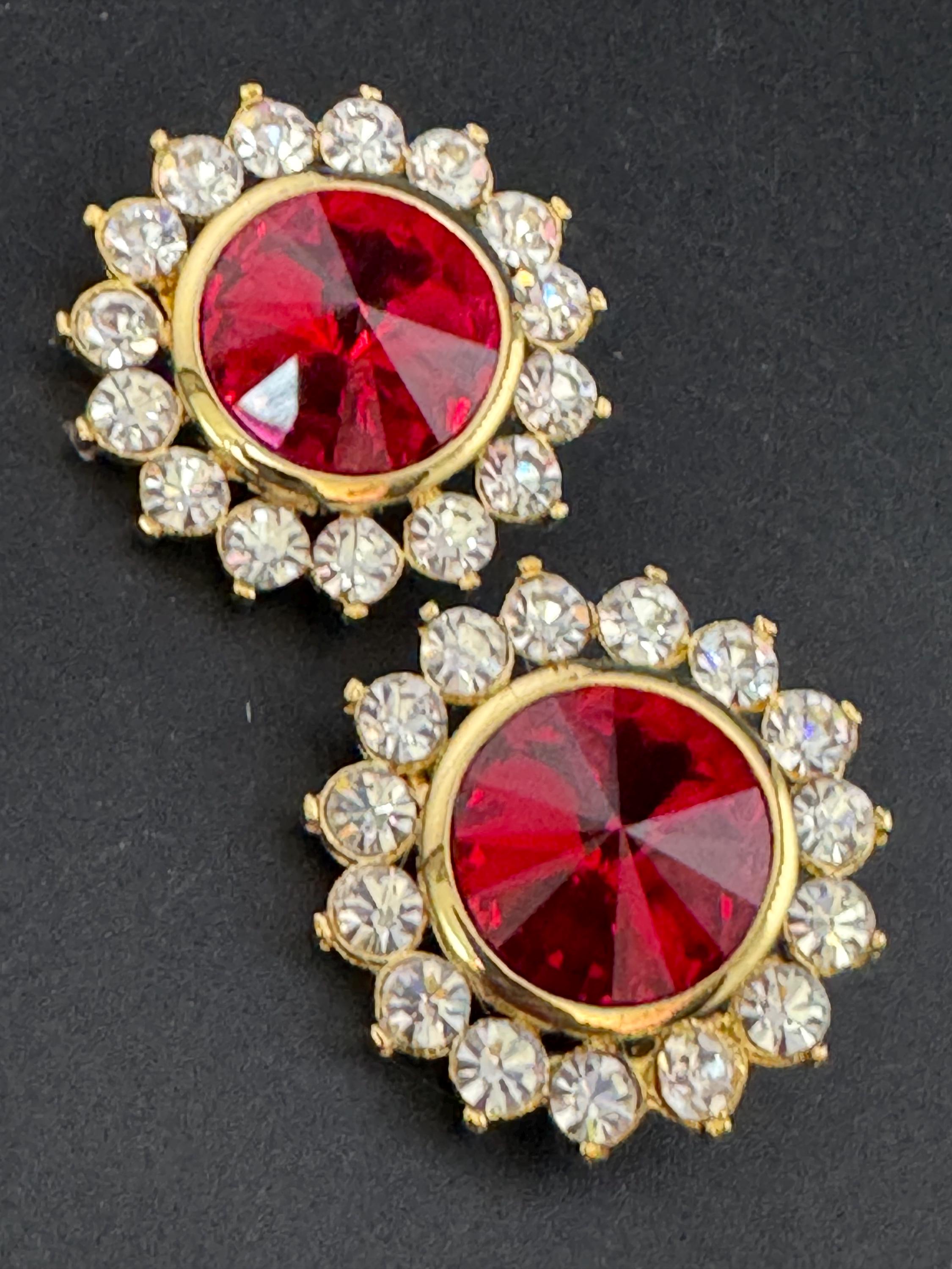 oversized 3.5cm gold tone ruby red glass Rivoli and clear Swarovski crystal round stud earrings 1980s old shop stock