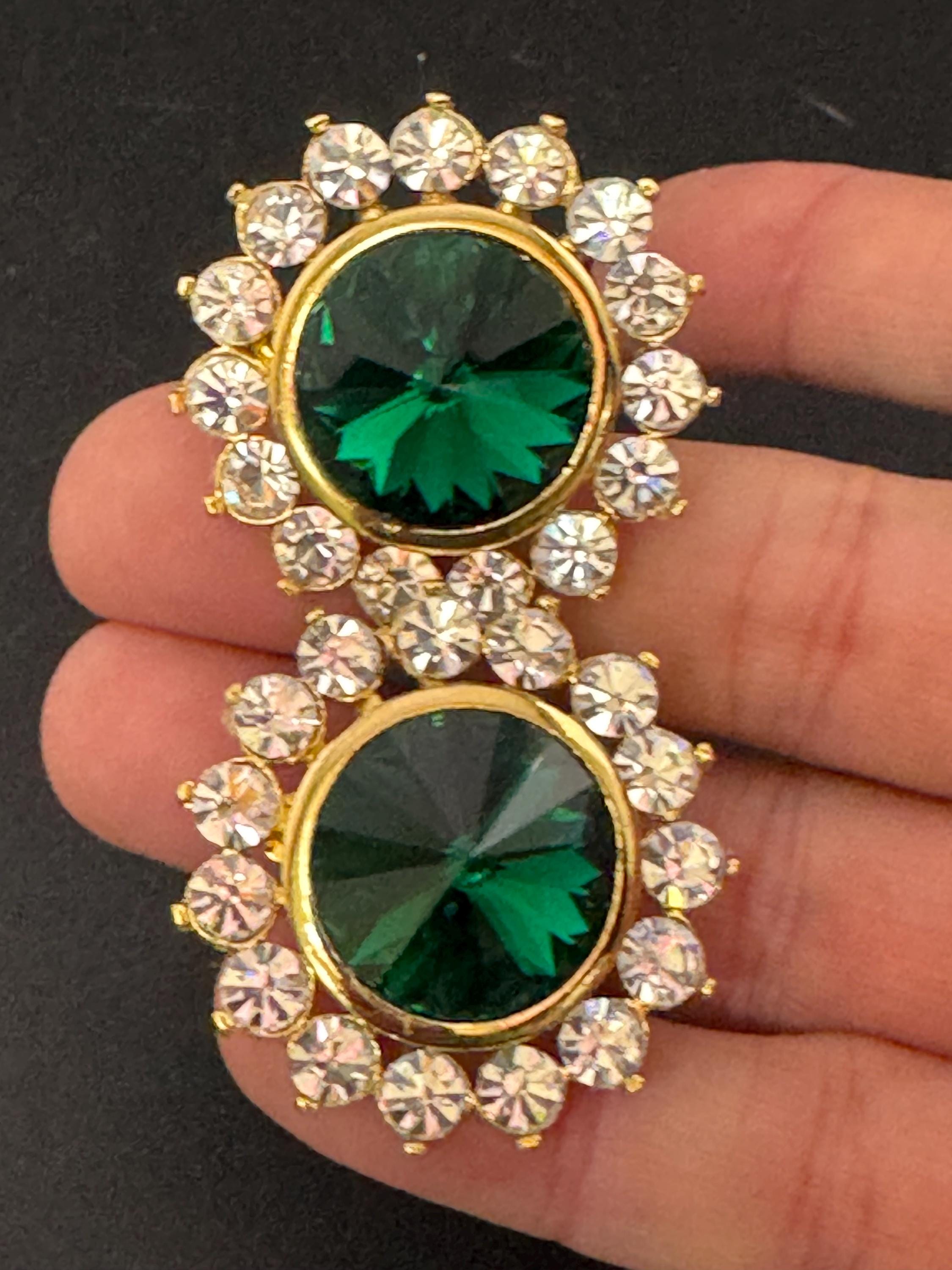 oversized 3.5cm gold tone emerald green glass Rivoli and clear Swarovski crystal round stud earrings 1980s old shop stock