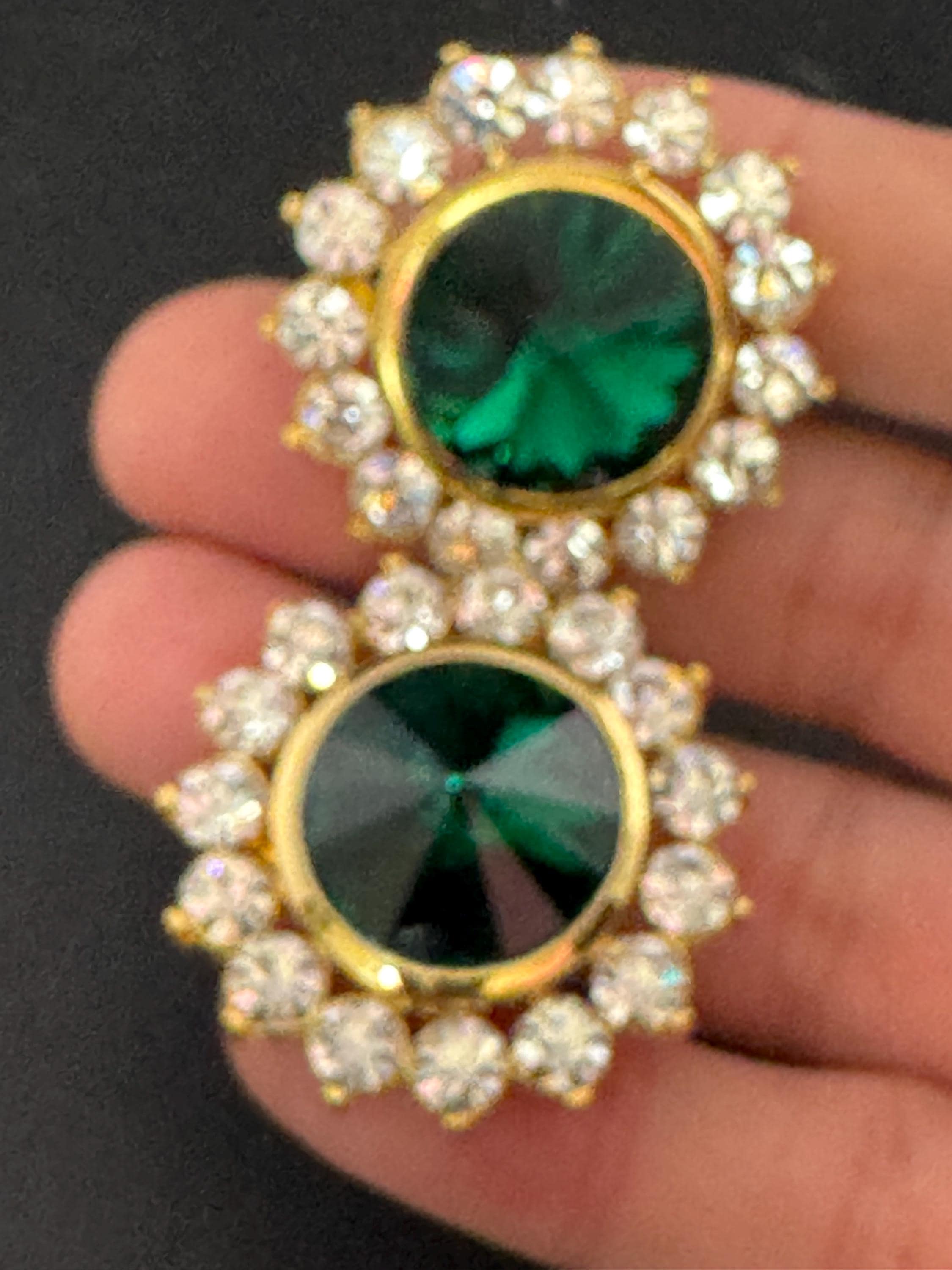 oversized 3.5cm gold tone emerald green glass Rivoli and clear Swarovski crystal round stud earrings 1980s old shop stock