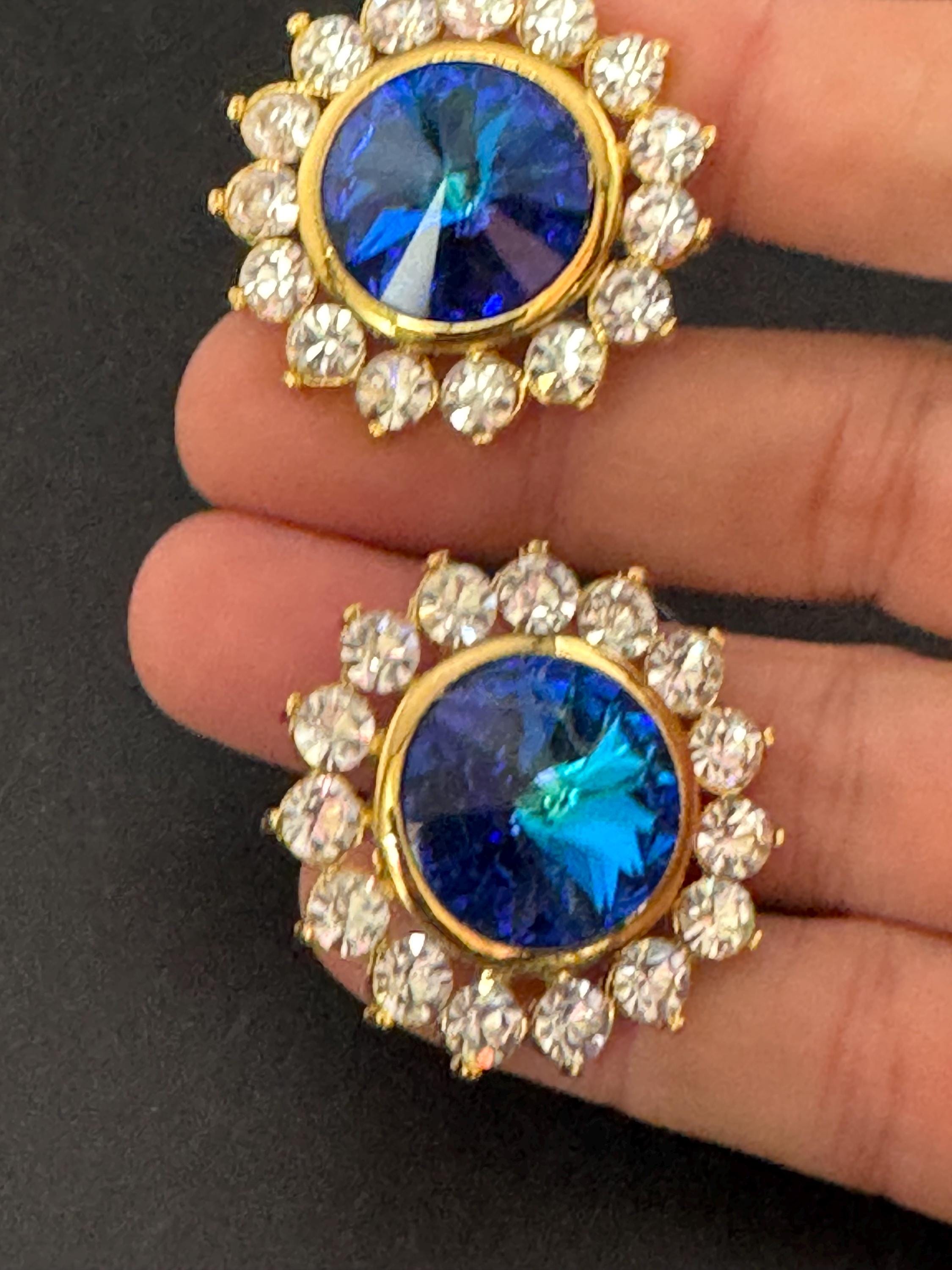 oversized 3.5cm gold tone sapphire blue glass Rivoli and clear Swarovski crystal round stud earrings 1980s old shop stock