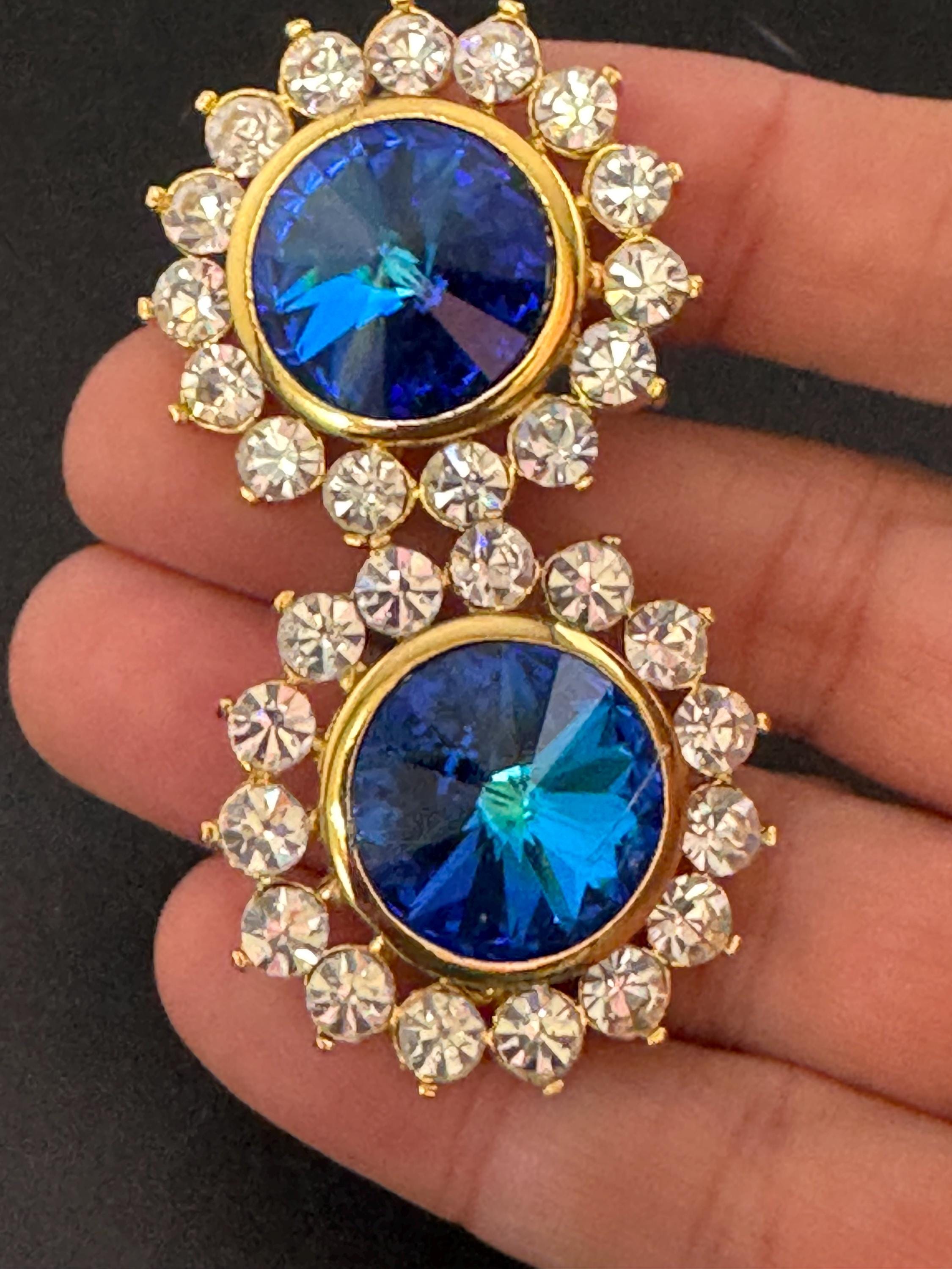 oversized 3.5cm gold tone sapphire blue glass Rivoli and clear Swarovski crystal round stud earrings 1980s old shop stock