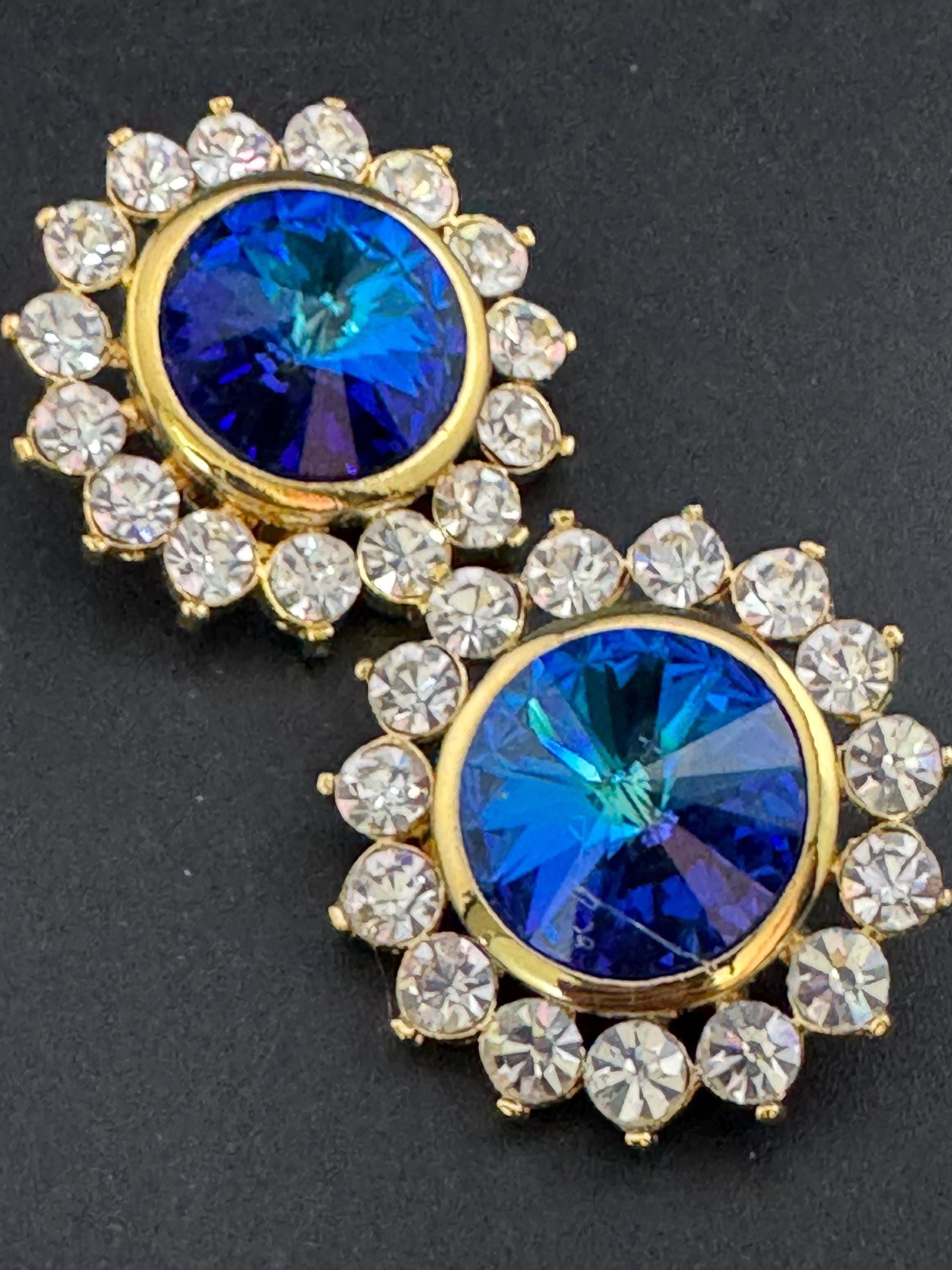 oversized 3.5cm gold tone sapphire blue glass Rivoli and clear Swarovski crystal round stud earrings 1980s old shop stock