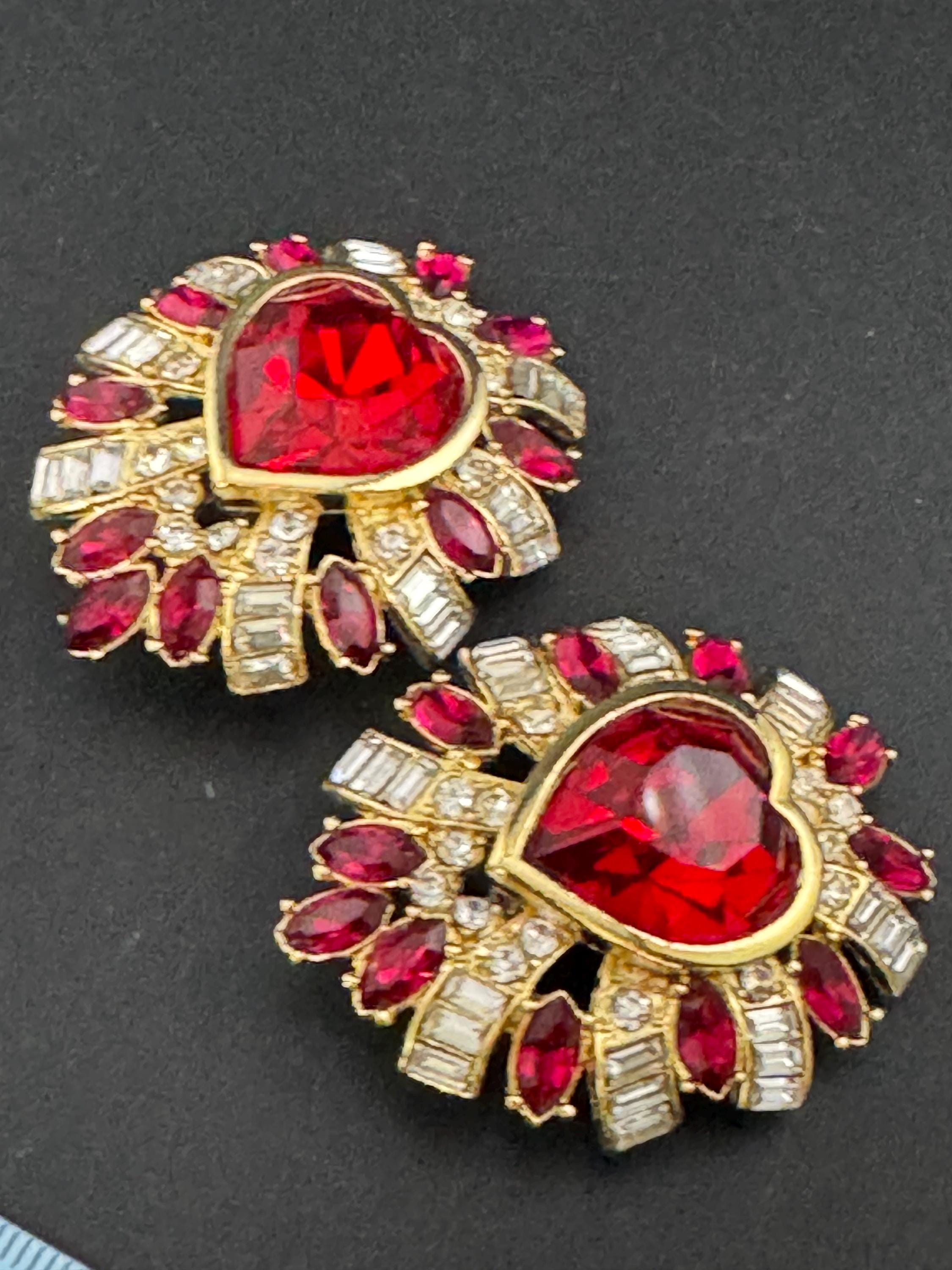 vintage oversized 5cm gold tone ruby red and and clear Swarovski crystal love heart earrings 1980s