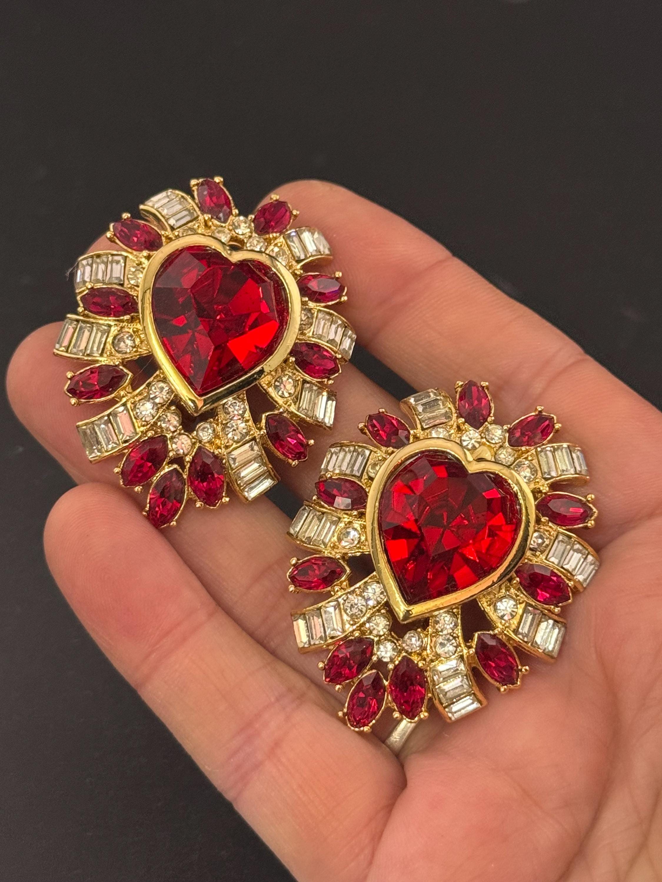 vintage oversized 5cm gold tone ruby red and and clear Swarovski crystal love heart earrings 1980s