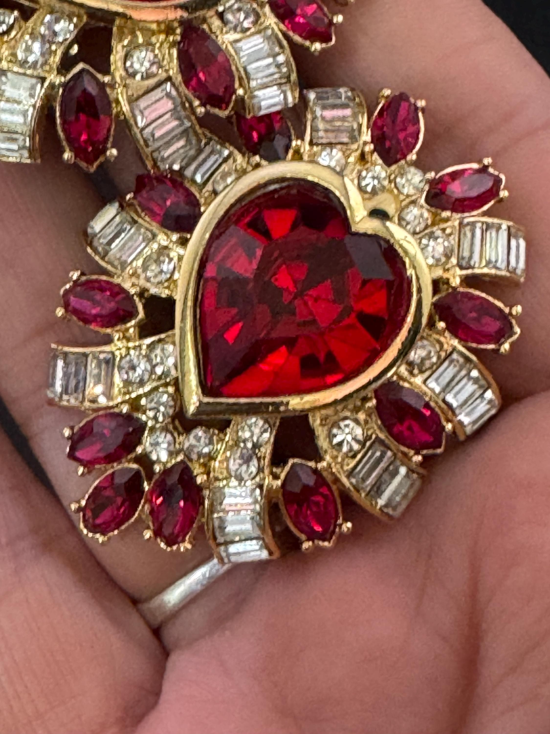 vintage oversized 5cm gold tone ruby red and and clear Swarovski crystal love heart earrings 1980s