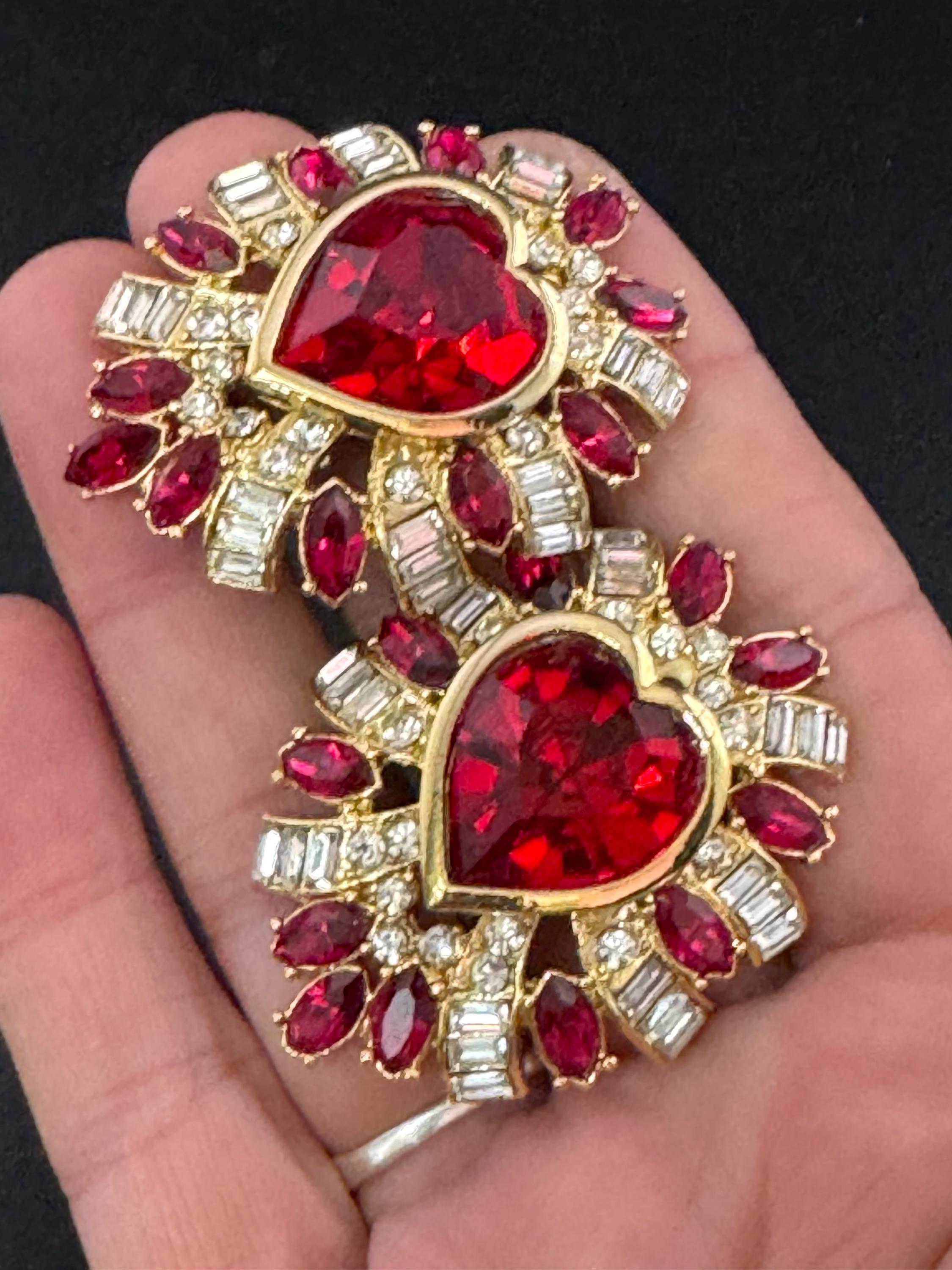 vintage oversized 5cm gold tone ruby red and and clear Swarovski crystal love heart earrings 1980s