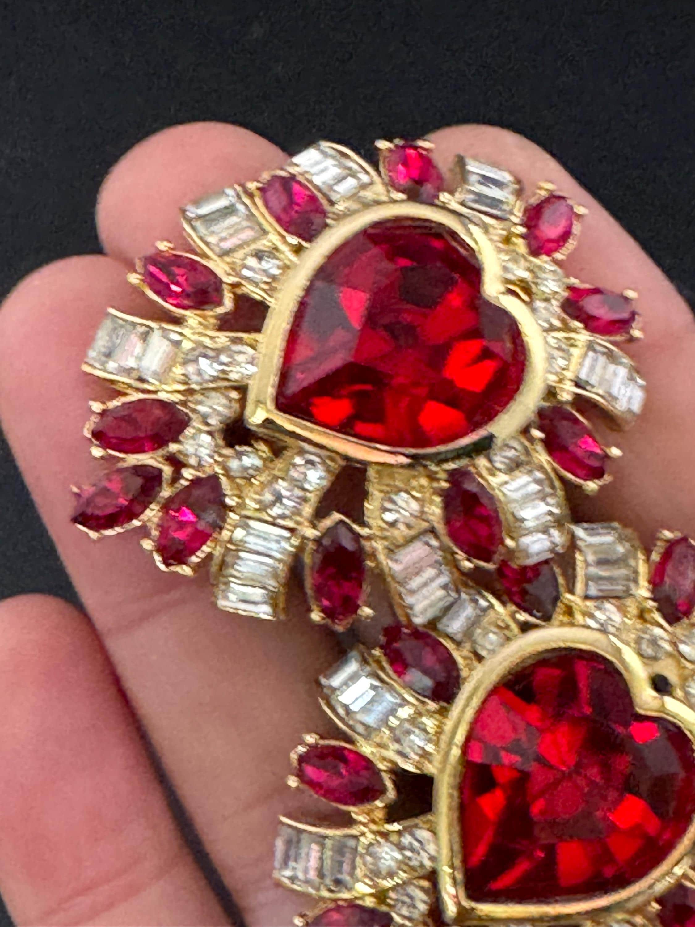 vintage oversized 5cm gold tone ruby red and and clear Swarovski crystal love heart earrings 1980s