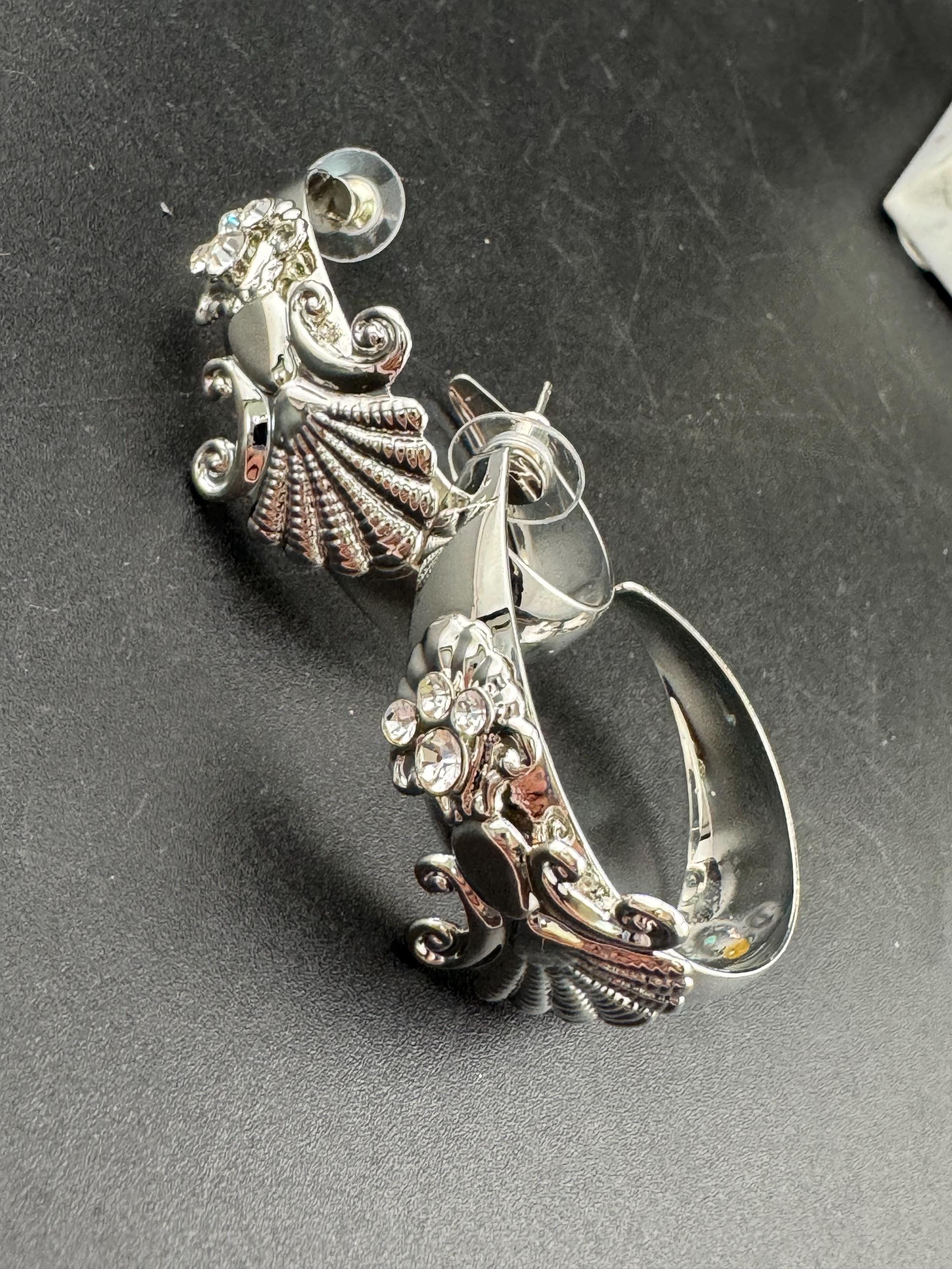 oversized vintage 80s bright silver tone 5cm large gold hoop earrings with clear diamanté and seashell design,  nautical mermaid vibes!