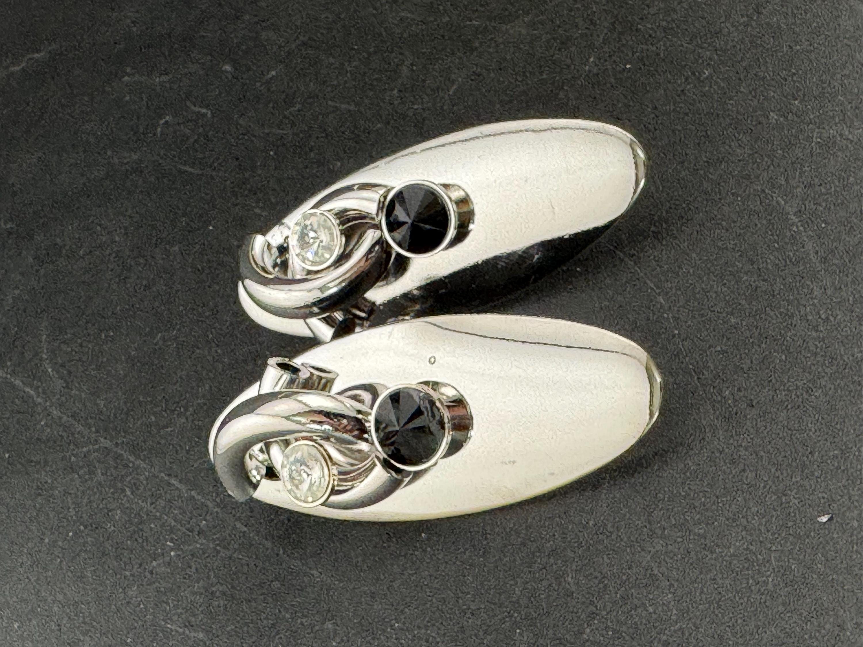 Vintage modernist silver tone high sheen 1980s long drop earrings set with black crystal and metal tube work for pierced ears