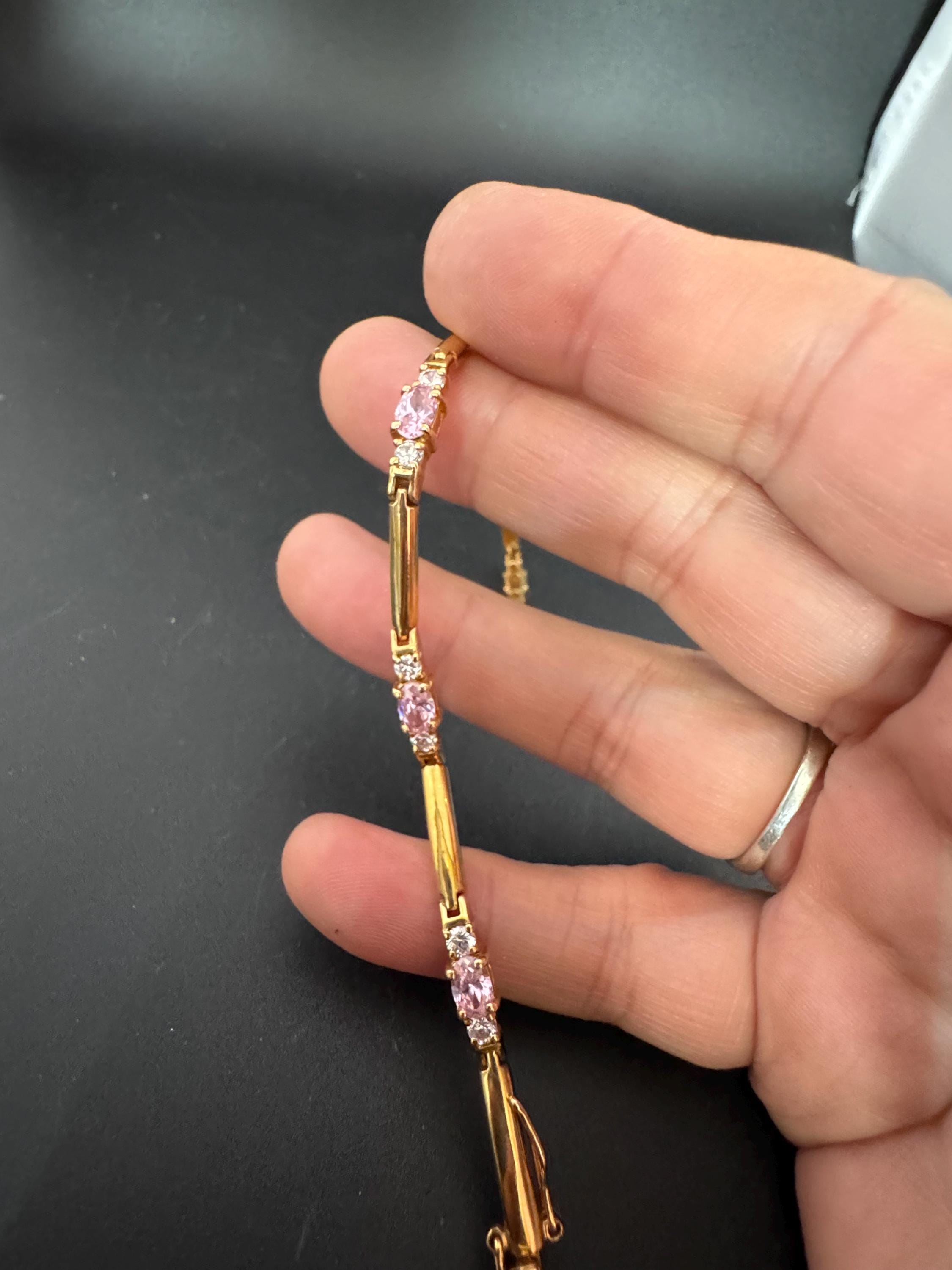 Vintage pink diamanté Crystal bezel set heavy gold plated tennis bracelet
