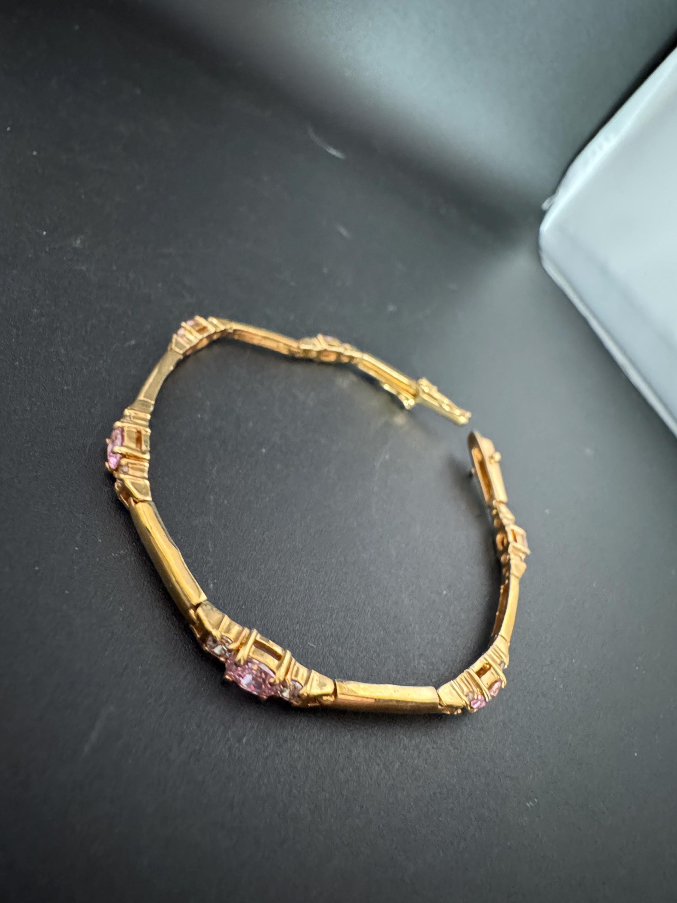 Vintage pink diamanté Crystal bezel set heavy gold plated tennis bracelet