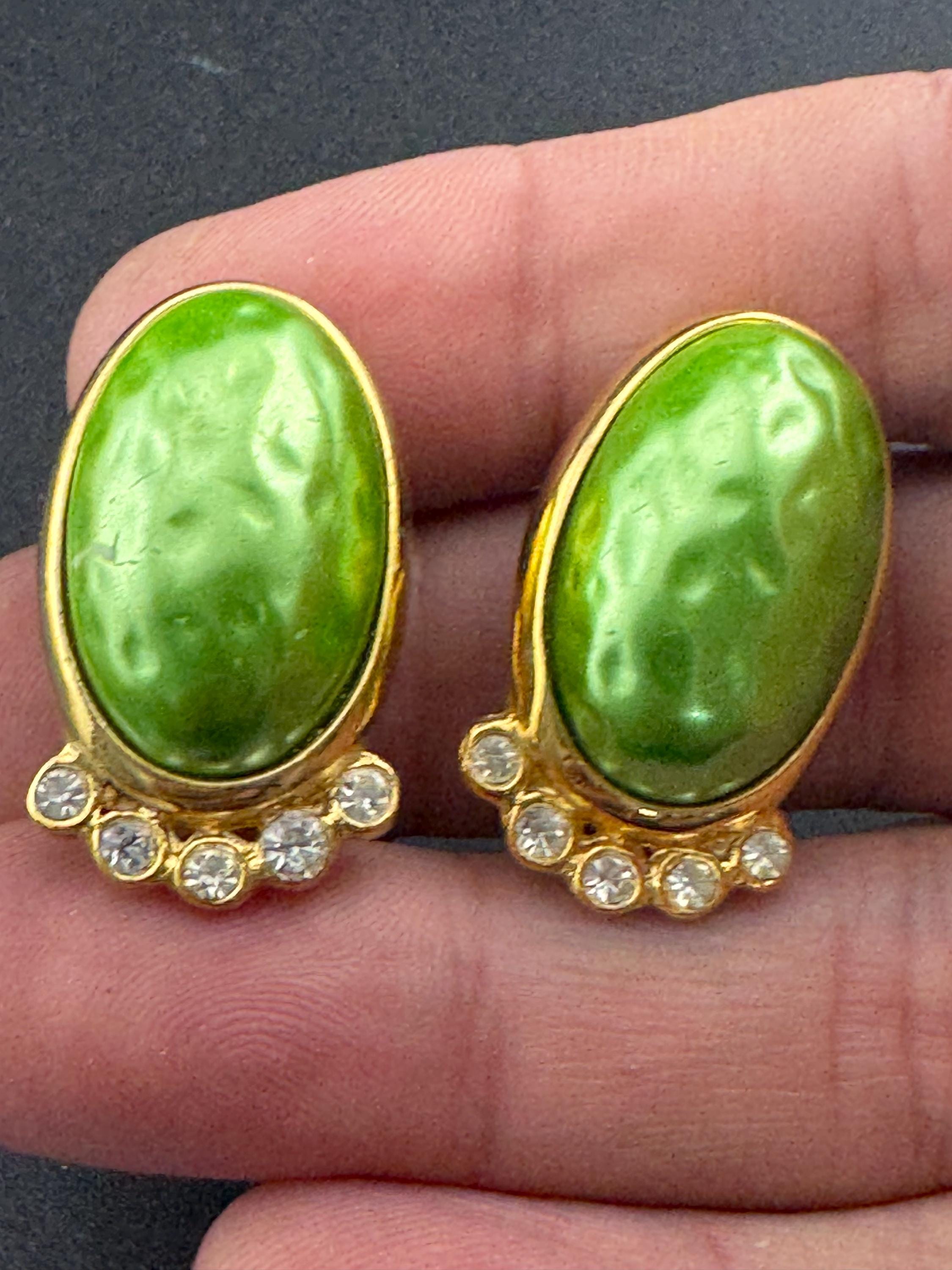 High end gold tone lime green  glass cabochon and diamanté oval clip on earrings