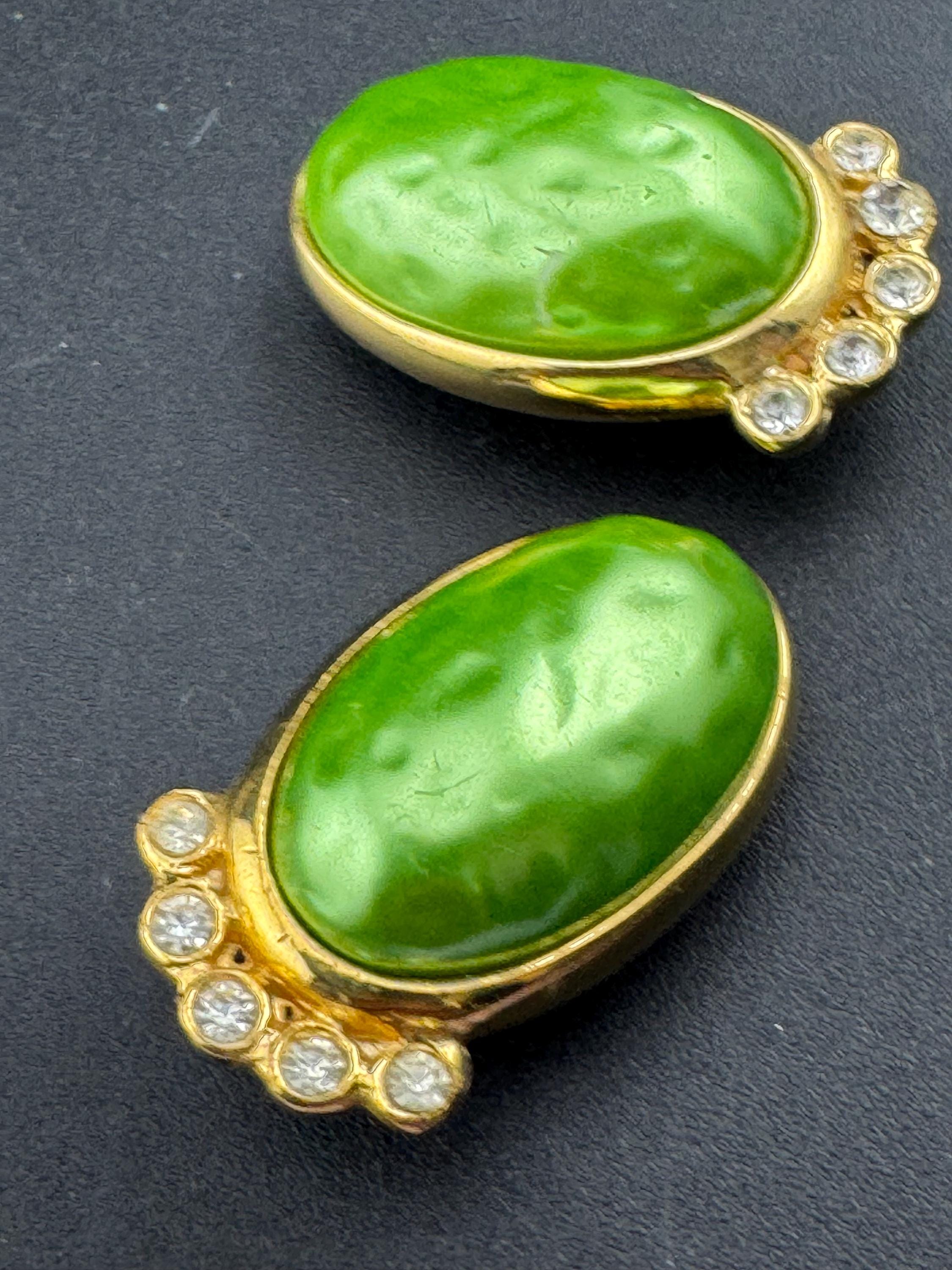 High end gold tone lime green  glass cabochon and diamanté oval clip on earrings