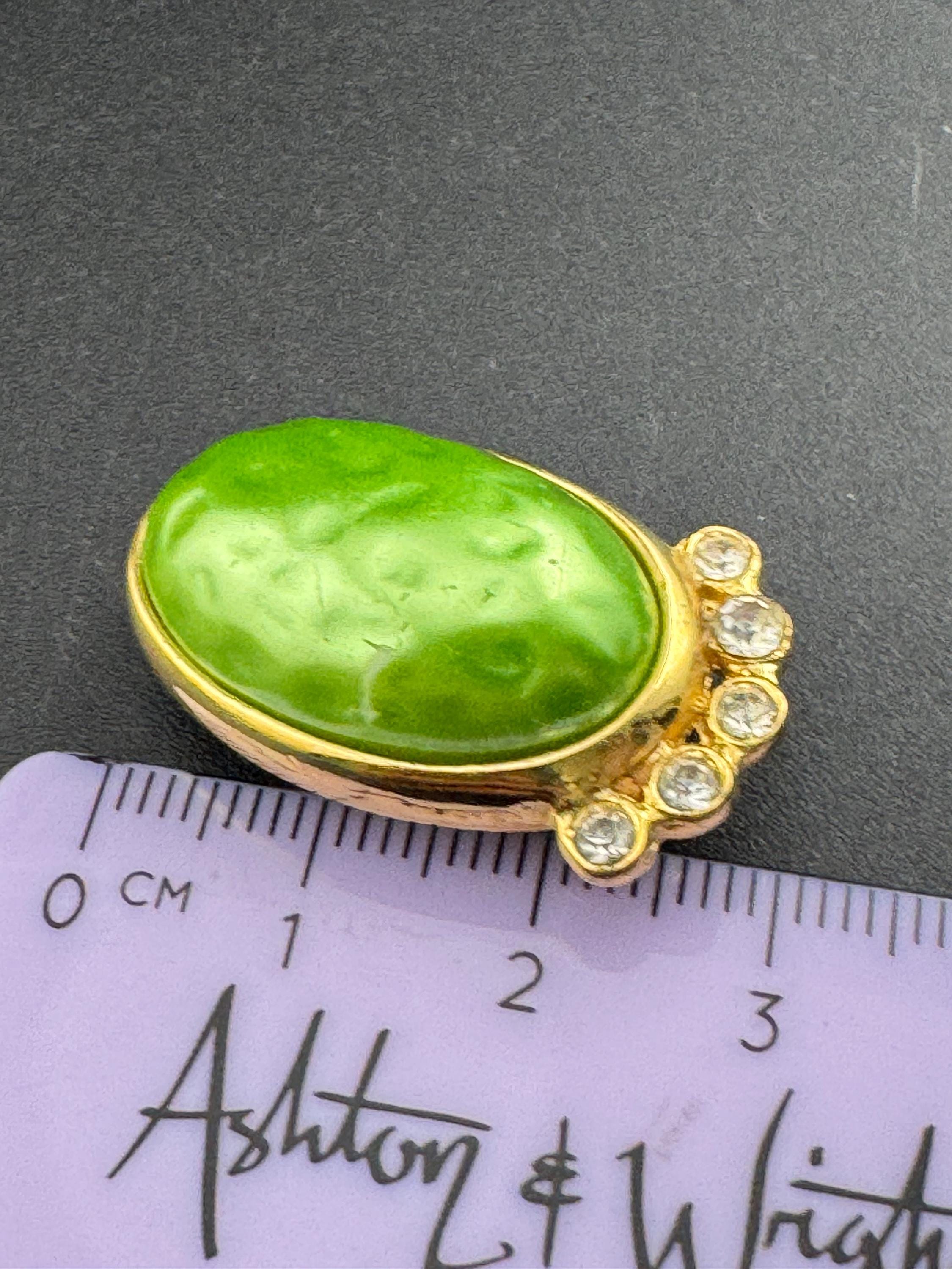 High end gold tone lime green  glass cabochon and diamanté oval clip on earrings