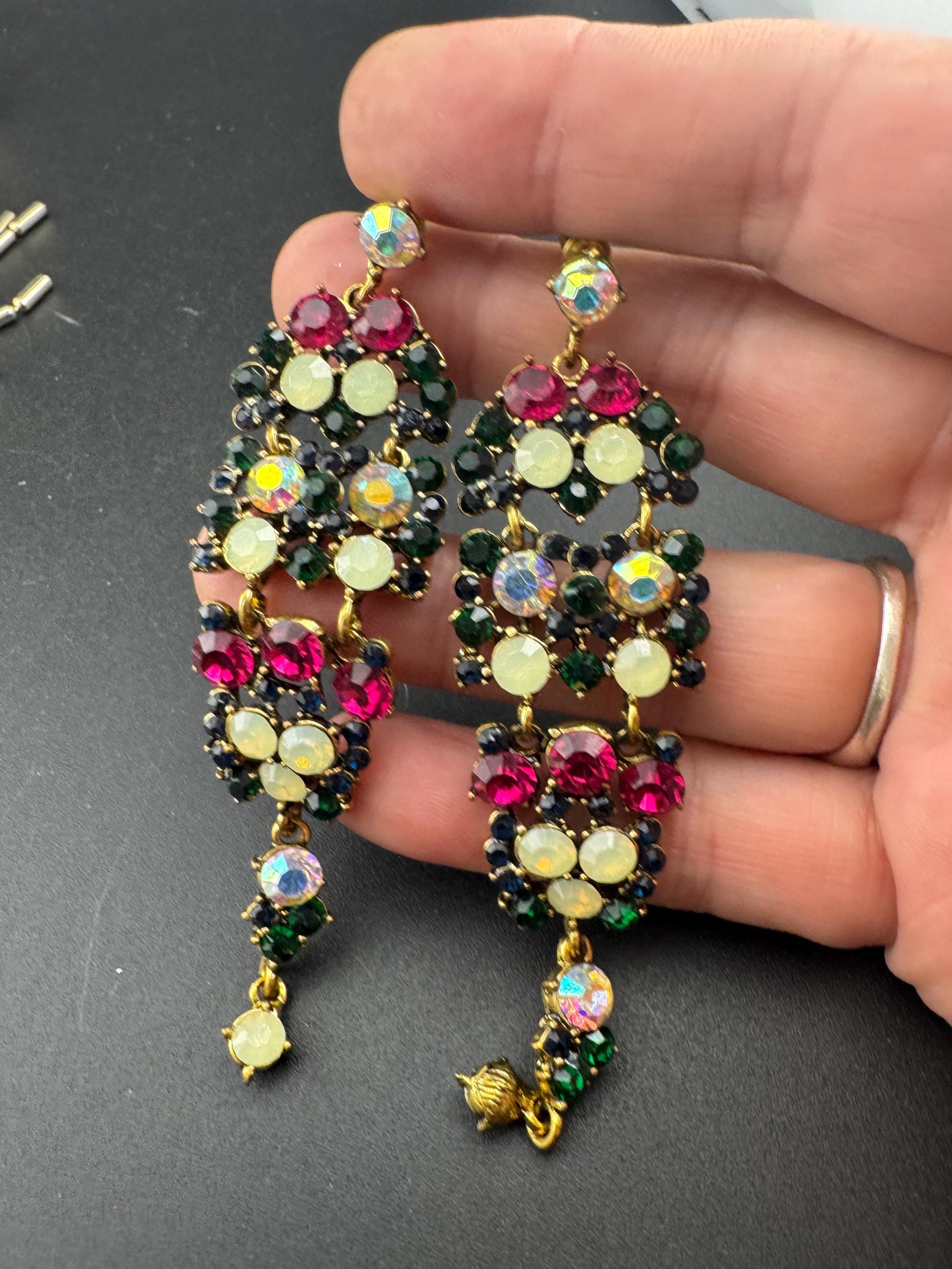 Oversized 7cm Retro y2k classic Gold Red Green rainbow diamanté door chandelier pierced drop earrings