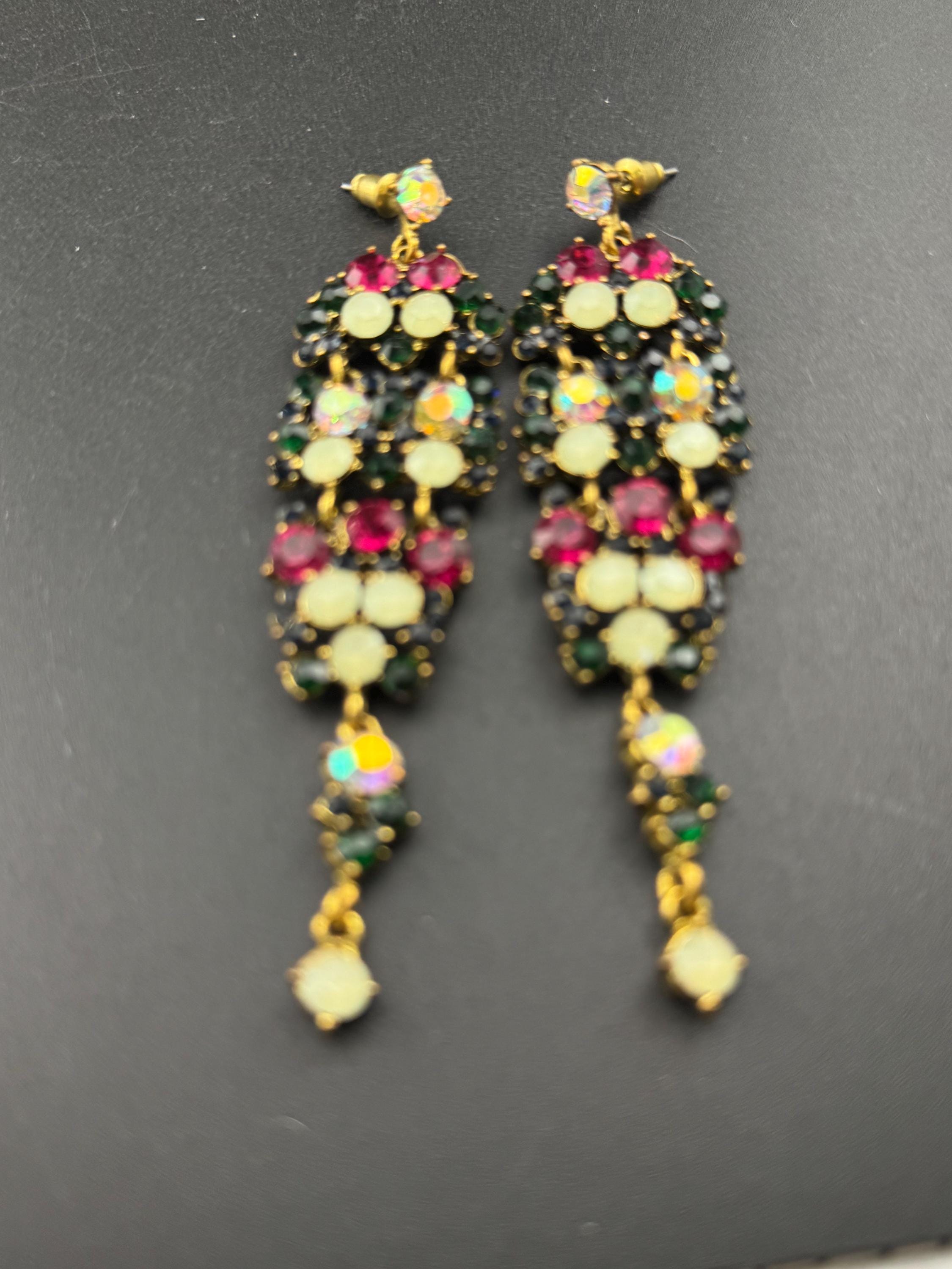 Oversized 7cm Retro y2k classic Gold Red Green rainbow diamanté door chandelier pierced drop earrings