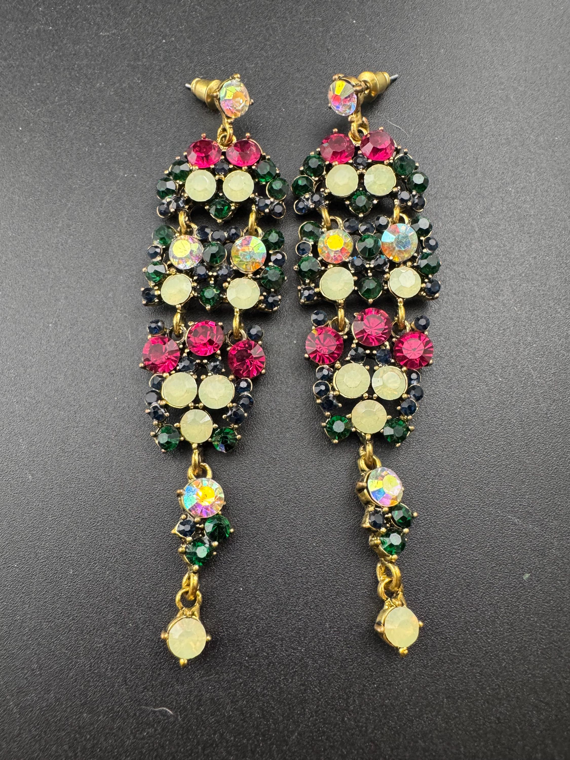 Oversized 7cm Retro y2k classic Gold Red Green rainbow diamanté door chandelier pierced drop earrings