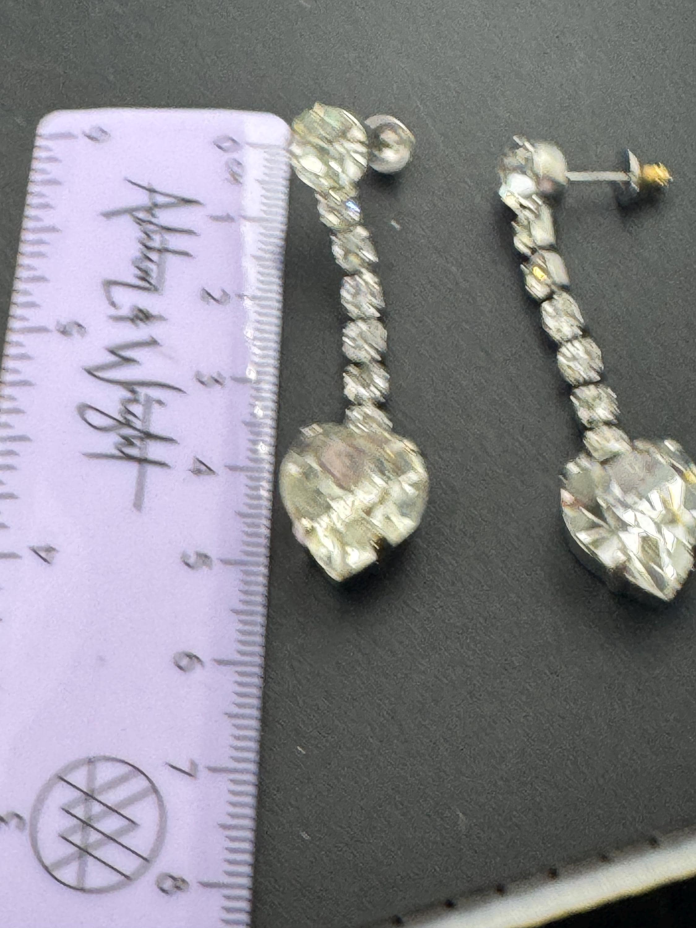 Retro clear claw set rhinestone paste diamanté dangly drop pierced heart earrings , silver tone